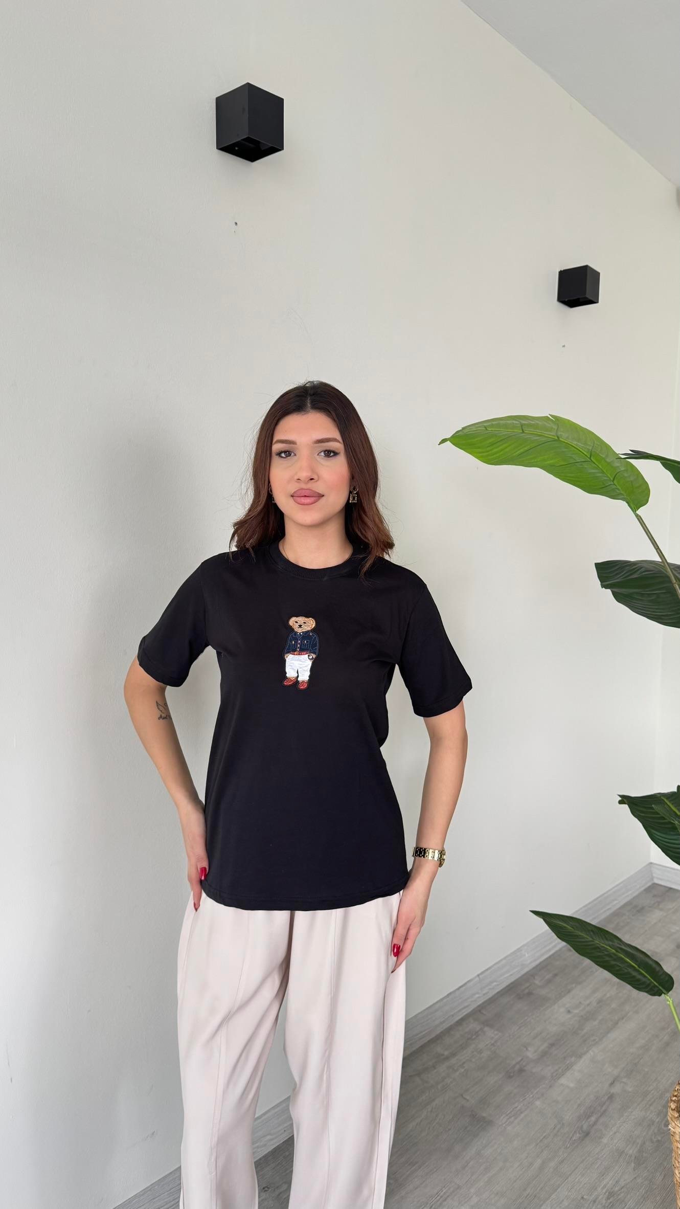 Kadın Teddy Bear Ayıcıklı Nakışlı Bisiklet Yaka Premium T-Shirt - SİYAH