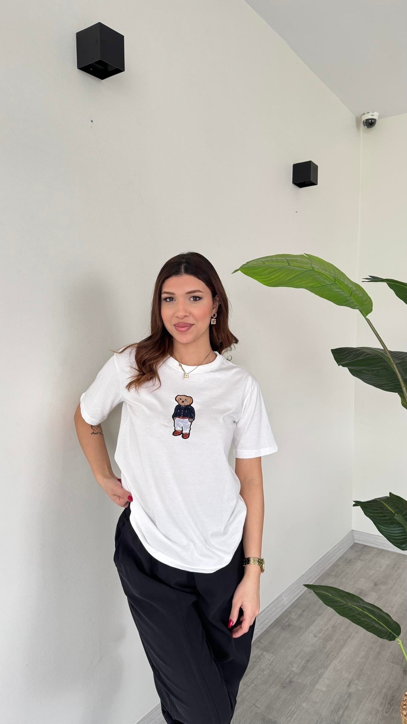 Kadın Teddy Bear Ayıcıklı Nakışlı Bisiklet Yaka Premium T-Shirt - BEYAZ