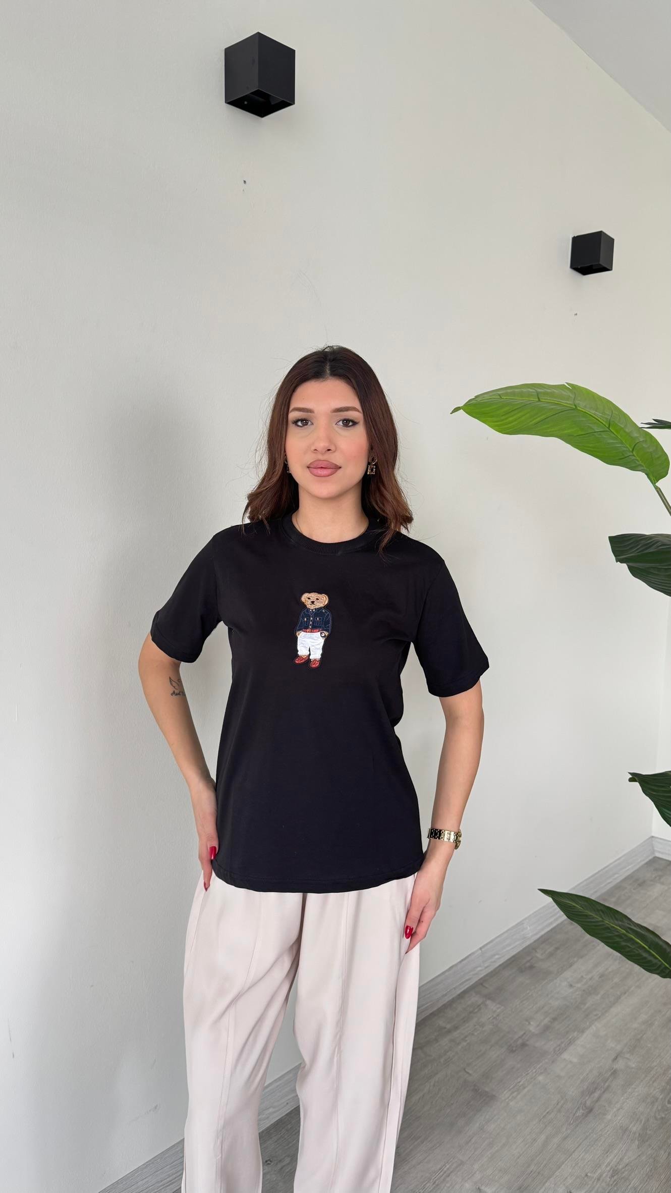 Kadın Teddy Bear Ayıcıklı Nakışlı Bisiklet Yaka Premium T-Shirt - SİYAH