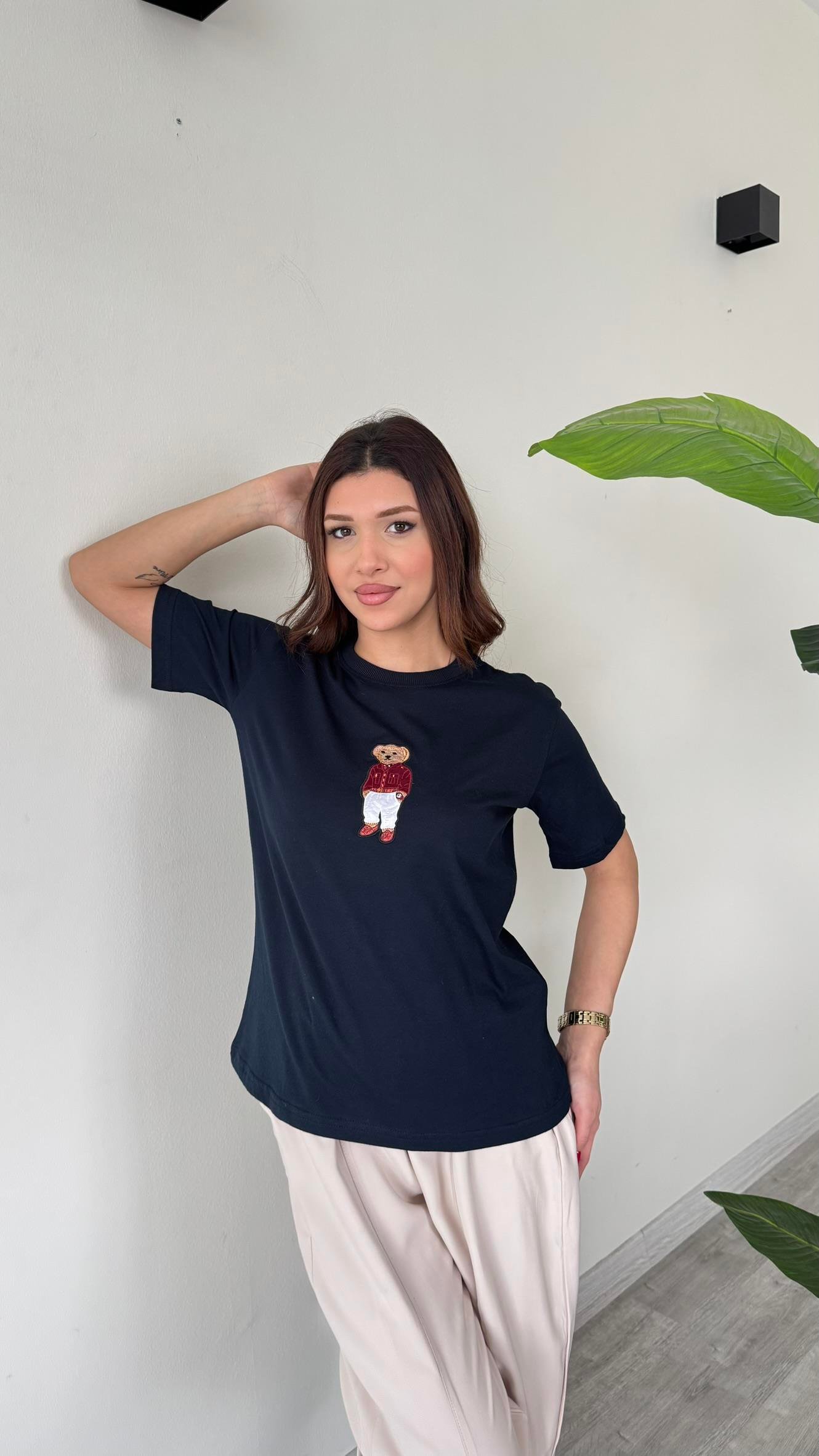 Kadın Teddy Bear Ayıcıklı Nakışlı Bisiklet Yaka Premium T-Shirt - LACİVERT