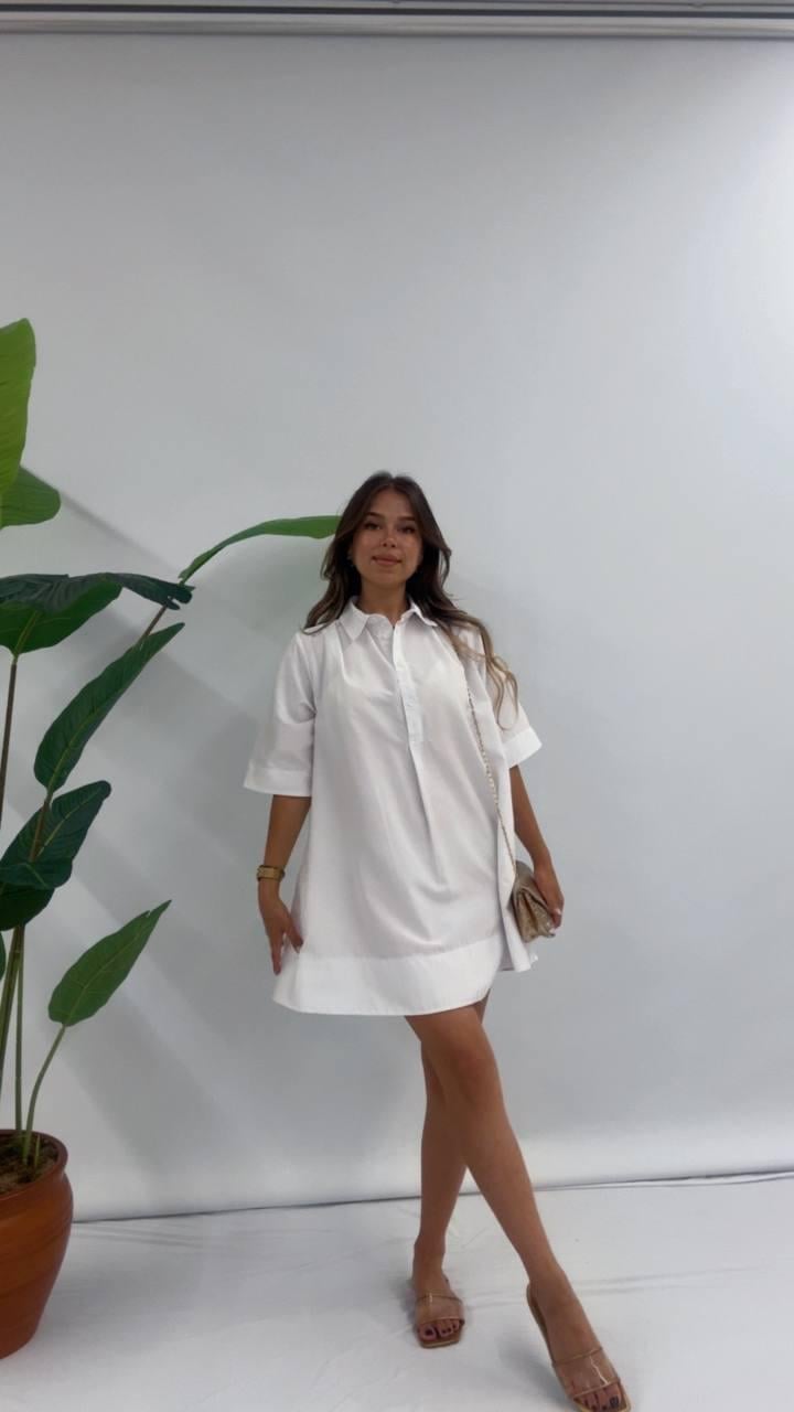 Kadın Uzun Polo Yaka Düğmeli Yarım Kol Gömlek Tunik Elbise - BEYAZ