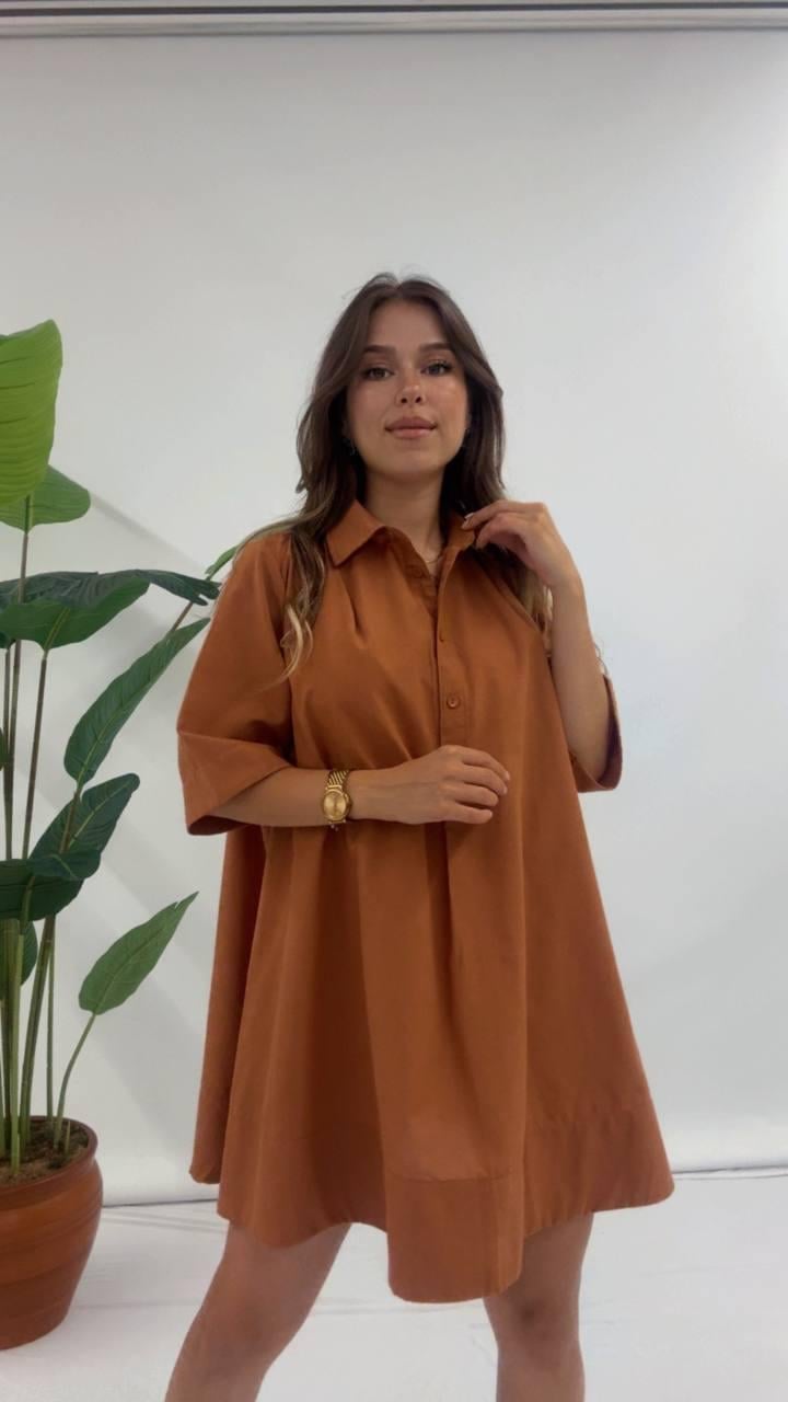 Kadın Uzun Polo Yaka Düğmeli Yarım Kol Gömlek Tunik Elbise - TABA