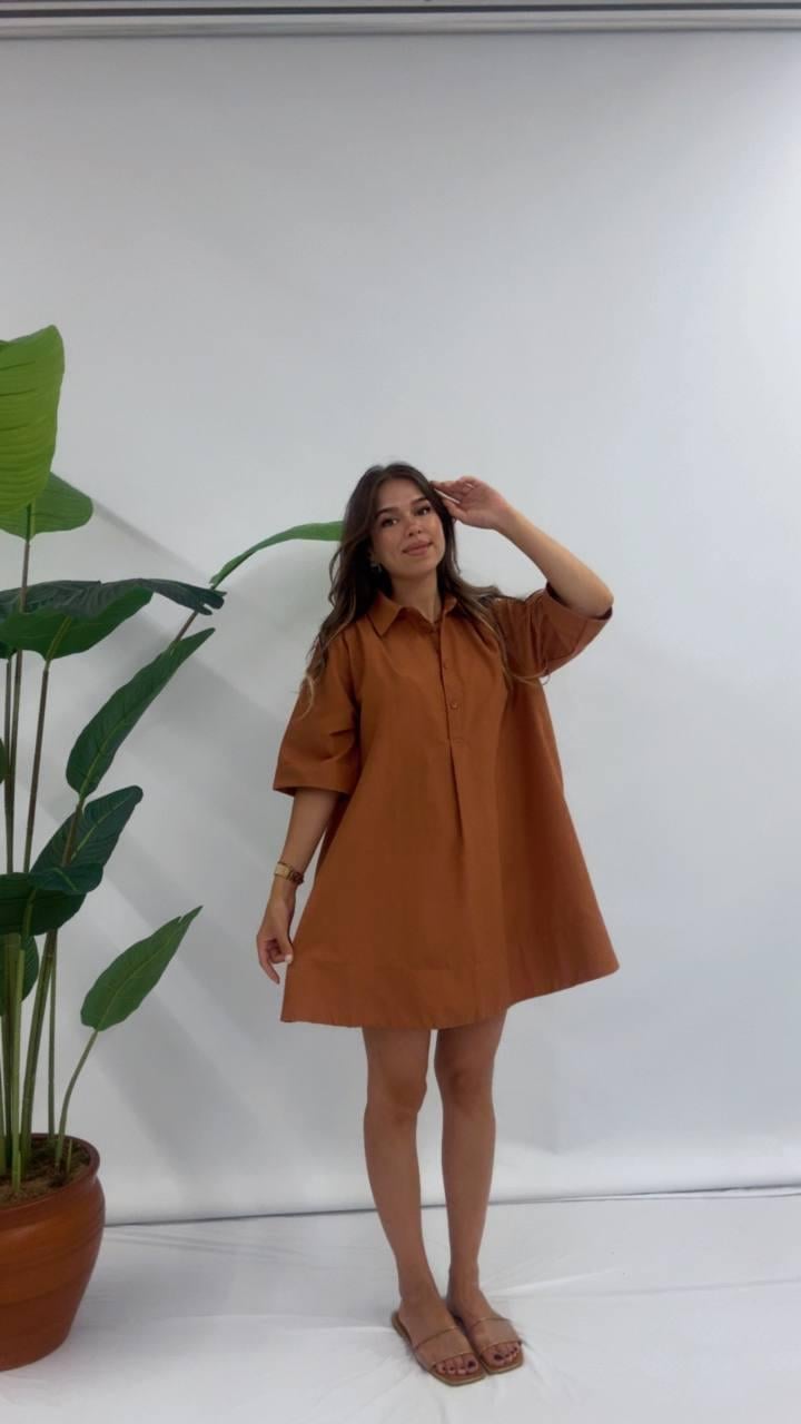 Kadın Uzun Polo Yaka Düğmeli Yarım Kol Gömlek Tunik Elbise - TABA