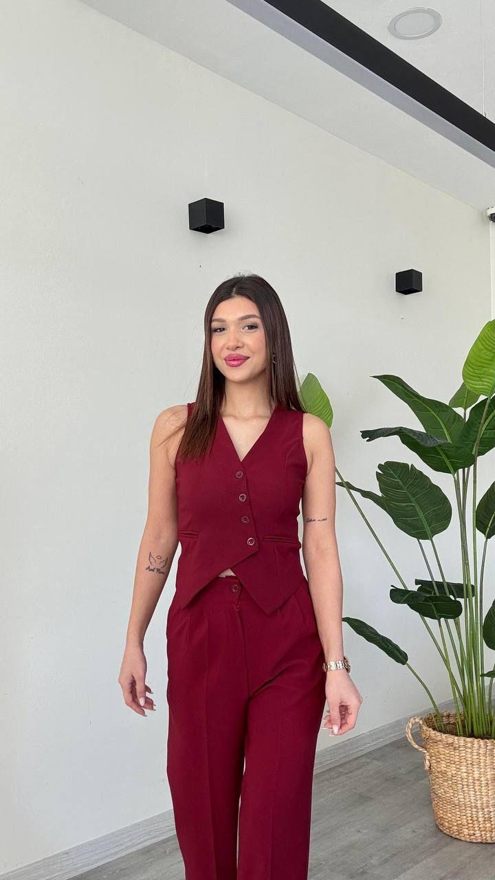 Kadın Yelek Pantolon Alt Üst Premium Takım - BORDO