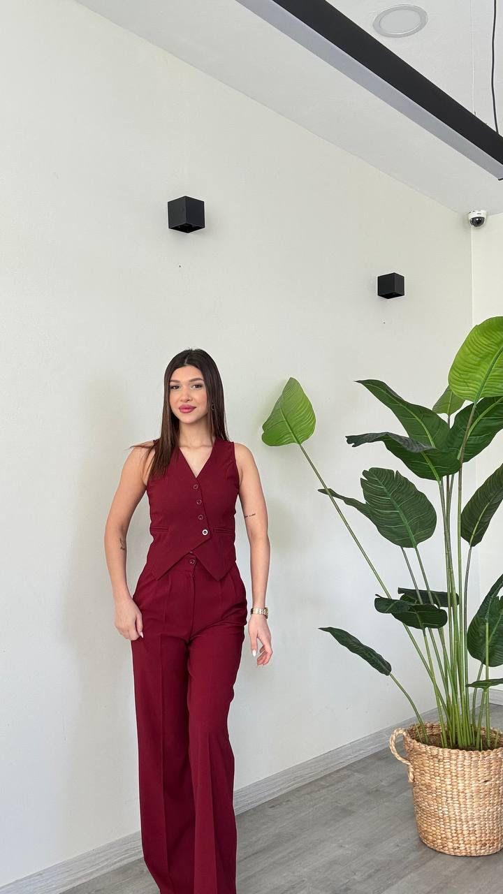 Kadın Yelek Pantolon Alt Üst Premium Takım - BORDO