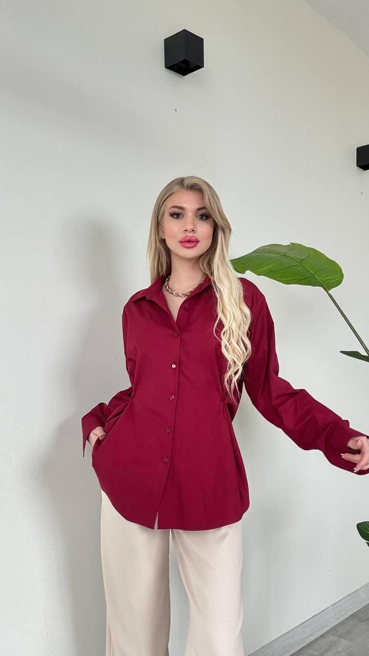 Özel Tasarım Yandan Düğmeli Fit Göstren Çok Şık Gömlek - BORDO