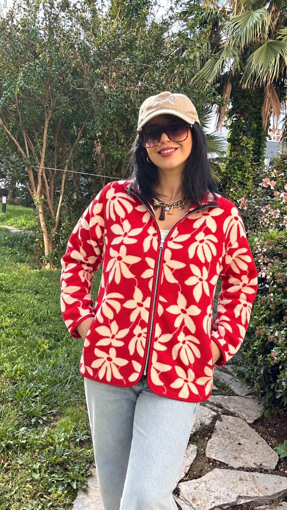 SWEATSHIRTKırmızı Desenli Cepli Fermuarlı Yumuşak Dokulu Polar Sweatshirt