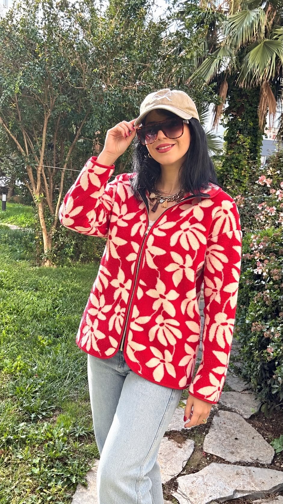 SWEATSHIRTKırmızı Desenli Cepli Fermuarlı Yumuşak Dokulu Polar Sweatshirt