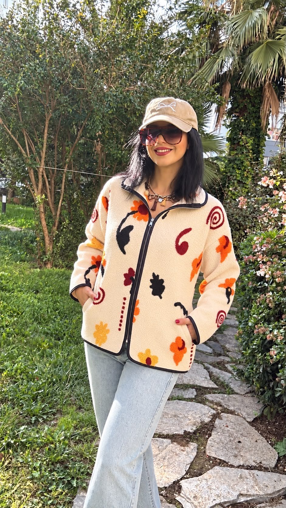 SWEATSHIRTKrem Desenli Cepli Fermuarlı Yumuşak Dokulu Polar Sweatshirt