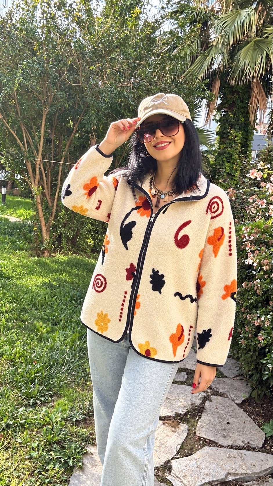 SWEATSHIRTKrem Desenli Cepli Fermuarlı Yumuşak Dokulu Polar Sweatshirt