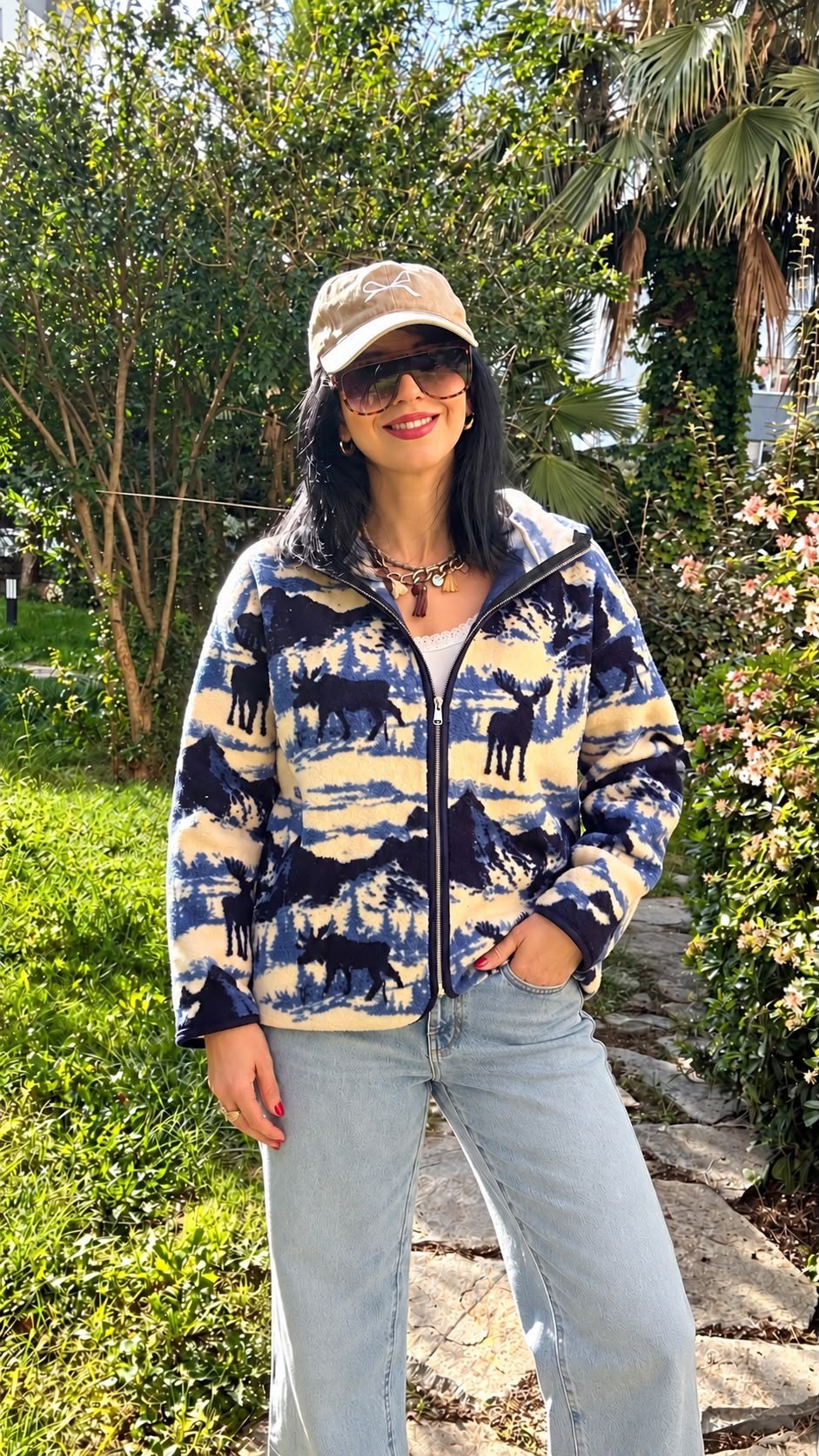 SWEATSHIRTMavi Geyik Desenli Cepli Fermuarlı Yumuşak Dokulu Polar Sweatshirt