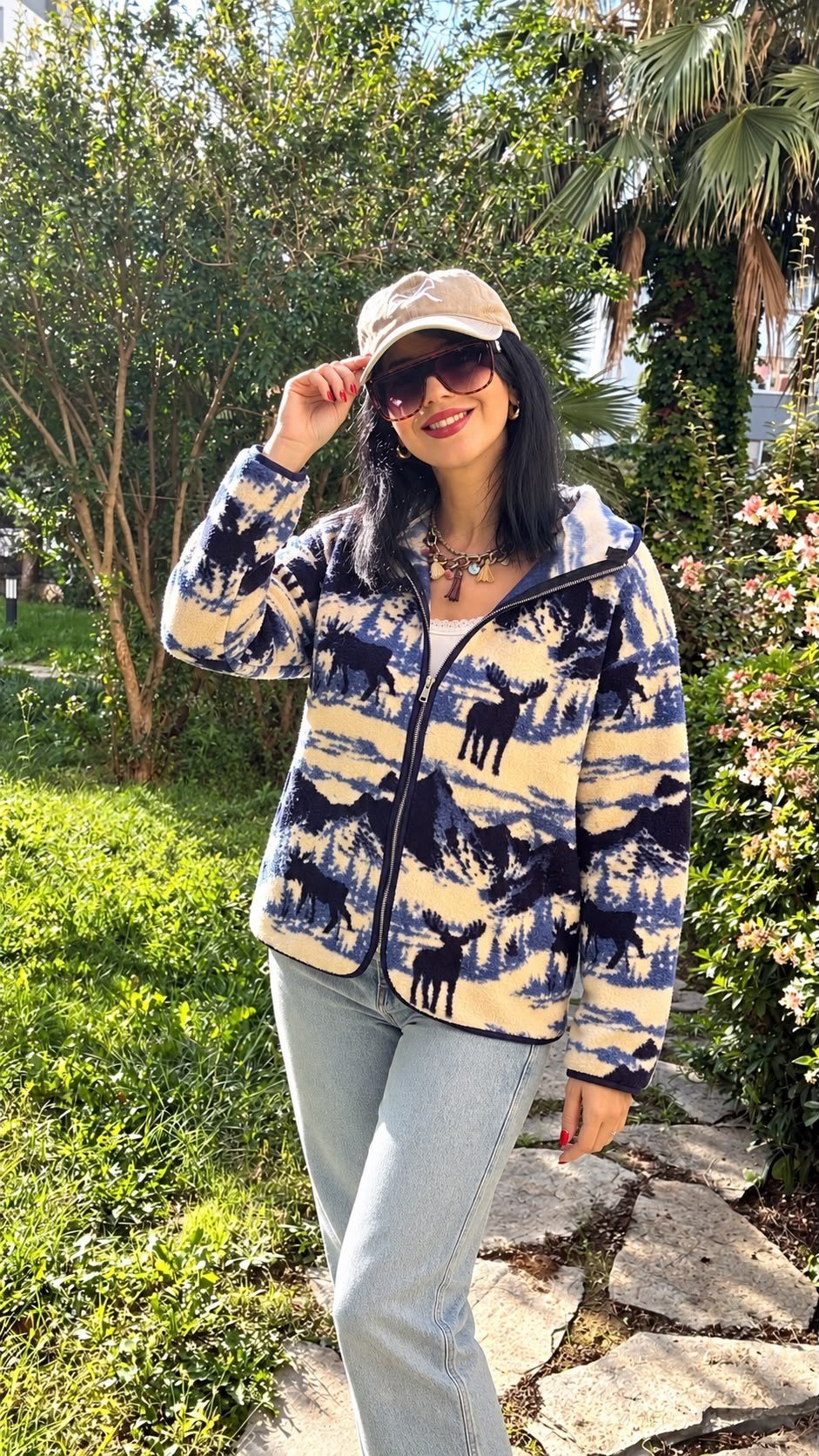 SWEATSHIRTMavi Geyik Desenli Cepli Fermuarlı Yumuşak Dokulu Polar Sweatshirt