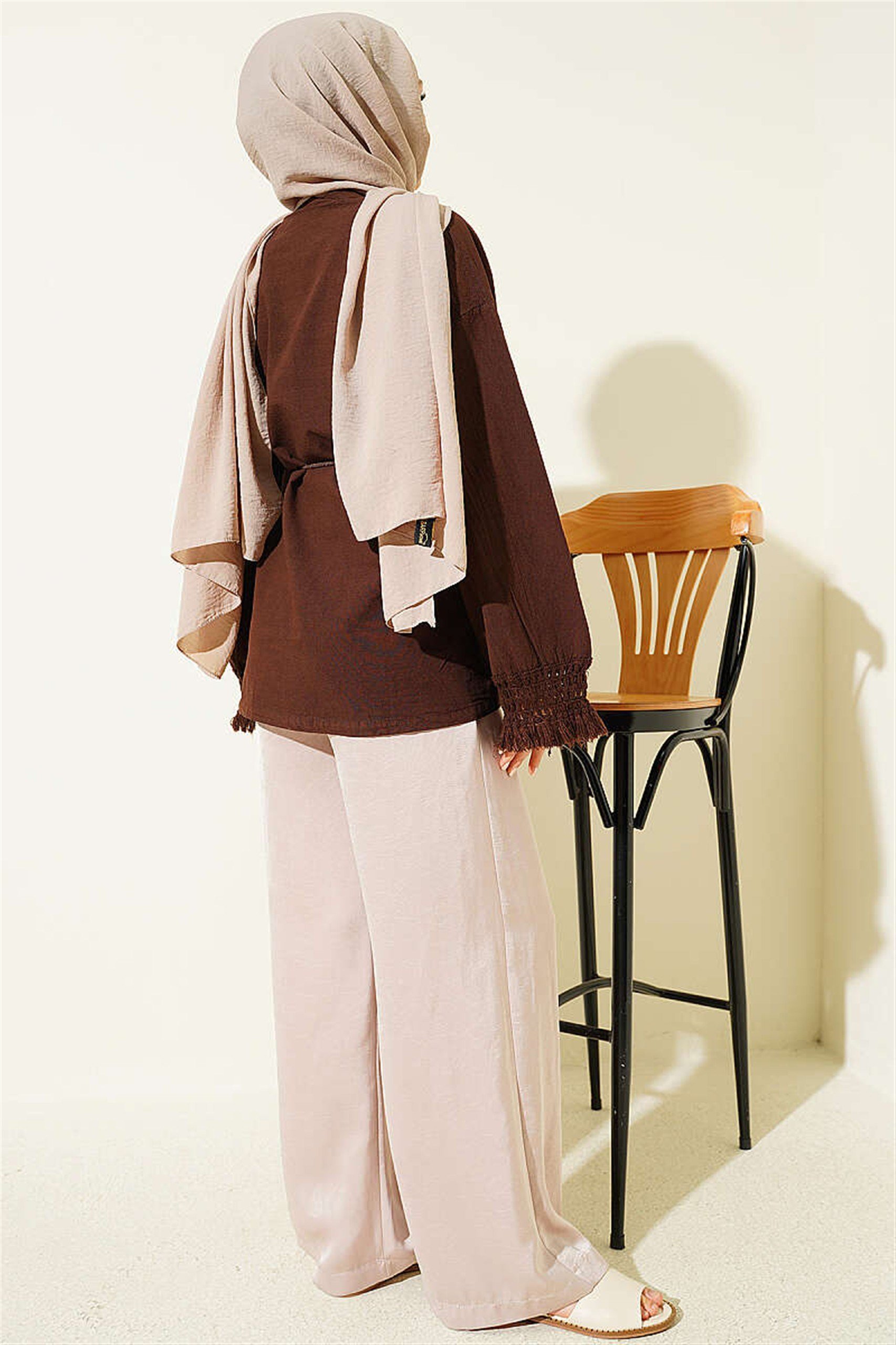 13162 Bağcıklı Kol Uçları Dantel Detaylı Coton Kimono