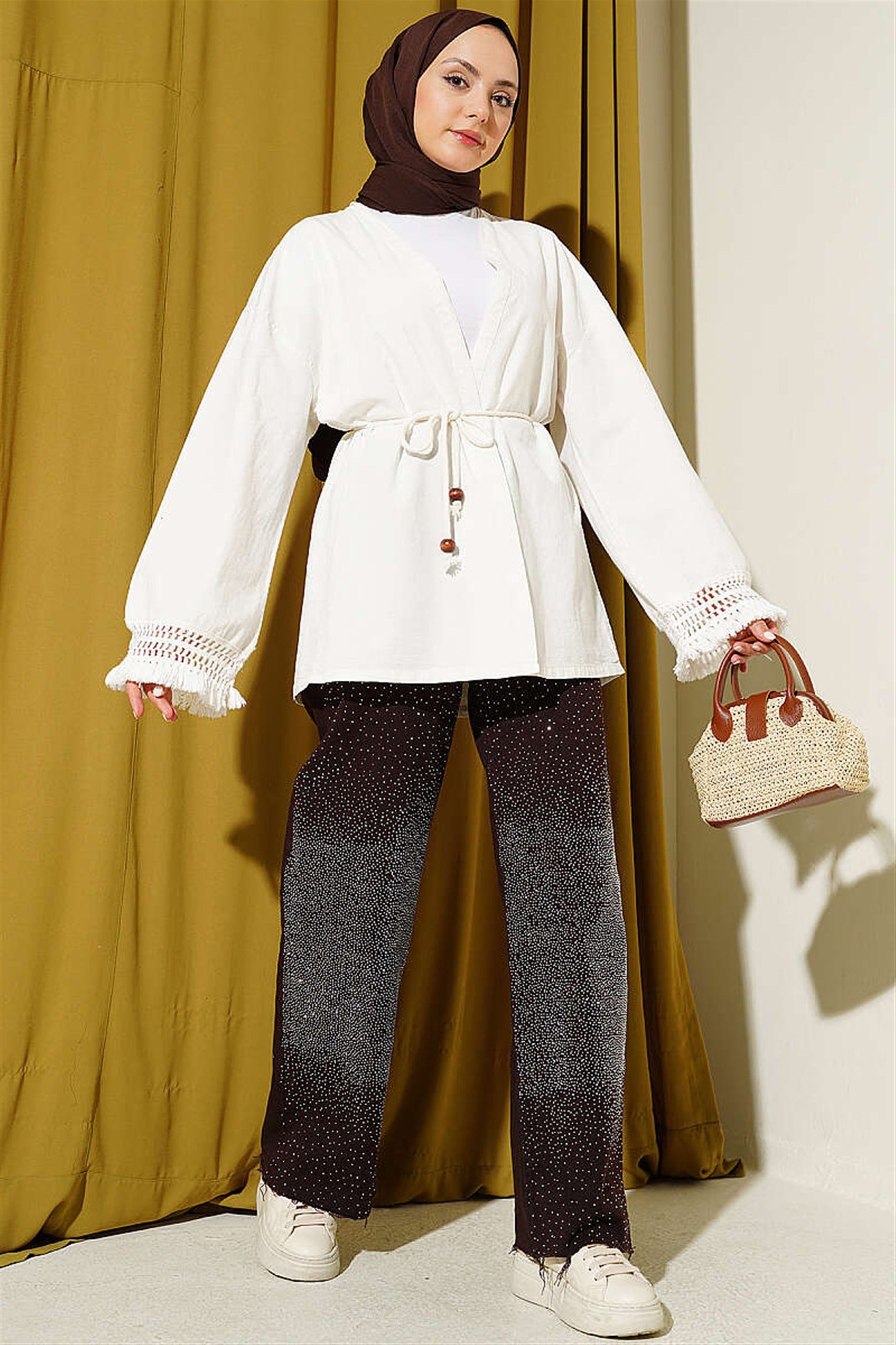 13162 Bağcıklı Kol Uçları Dantel Detaylı Coton Kimono