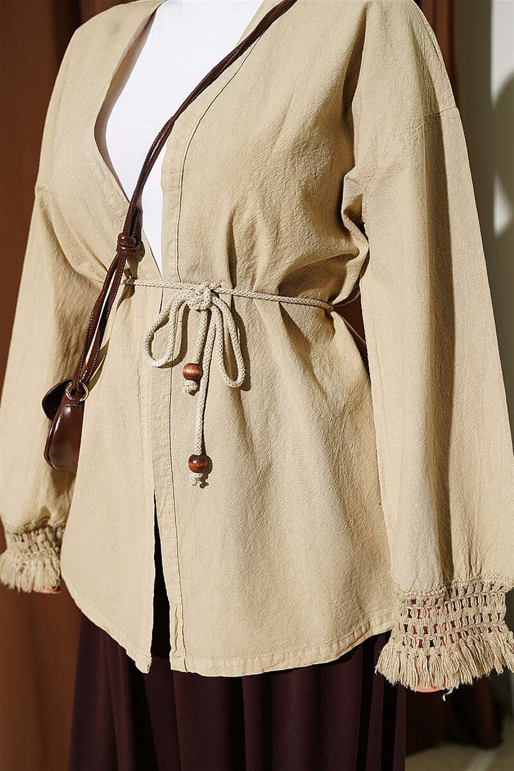 13162 Bağcıklı Kol Uçları Dantel Detaylı Coton Kimono