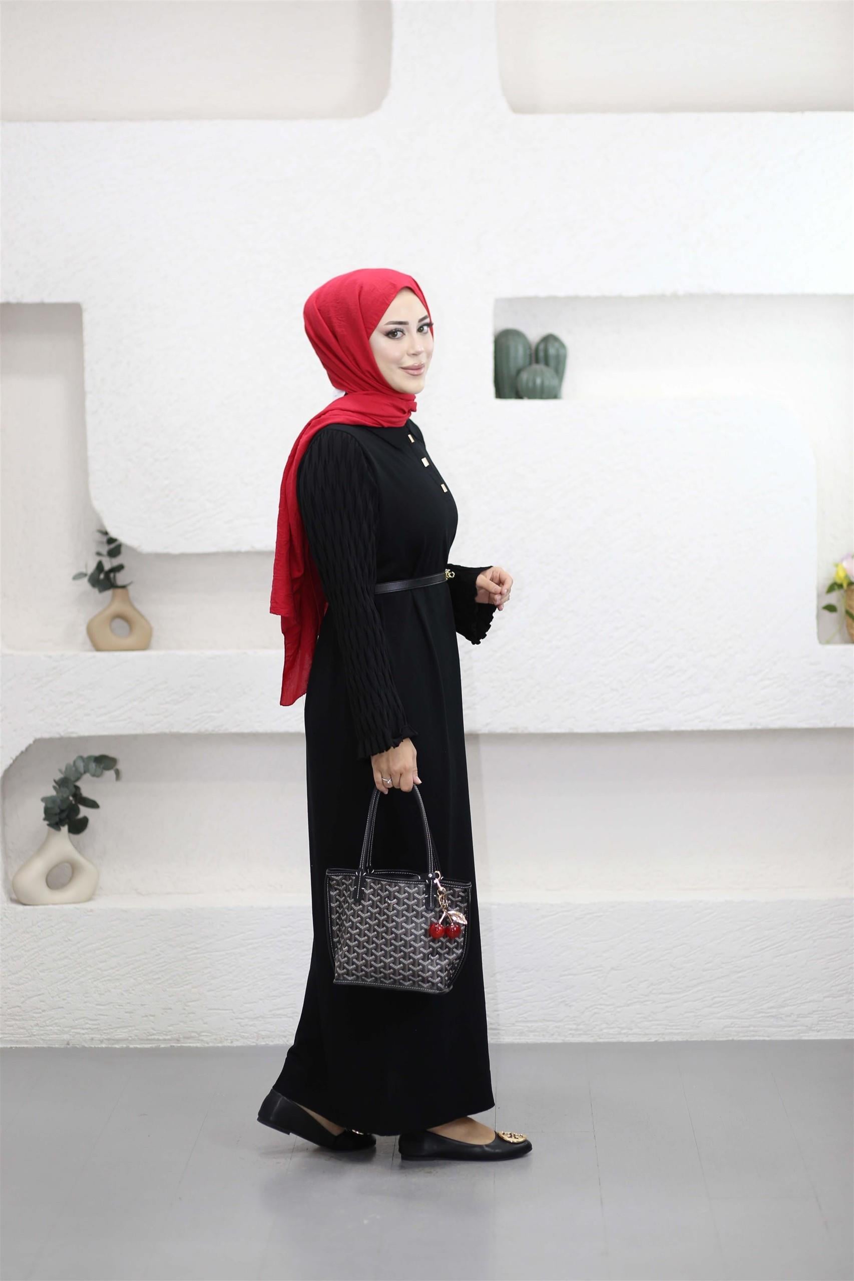 273 Patı Metal Düğmeli Mandal Desenli Triko Elbise