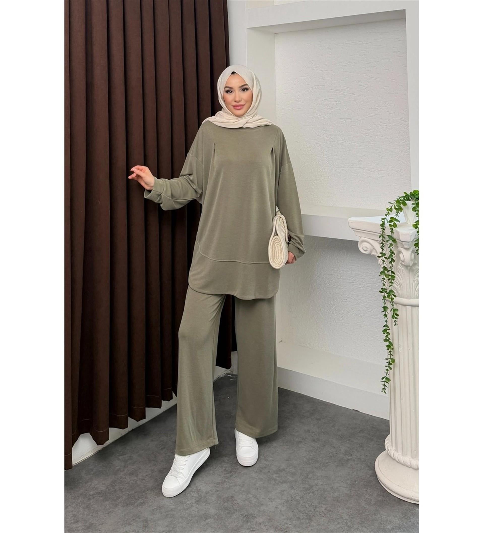3044 Sıfır Yaka Eteği Verev Pantolonu Cepli Takım