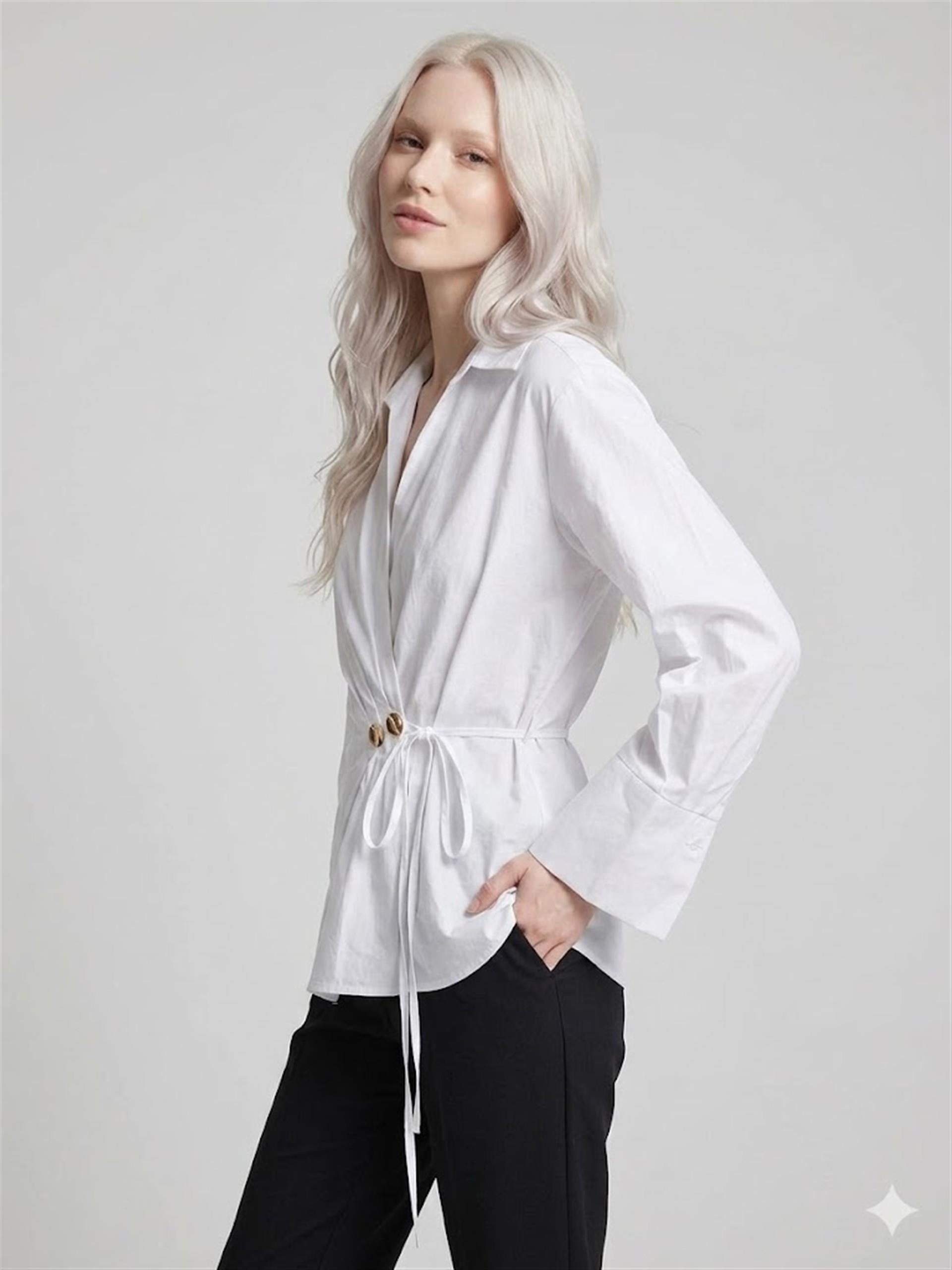 4406 Gömelk Yaka Gold Düğmeli Pile Detaylı Viscon Kimono