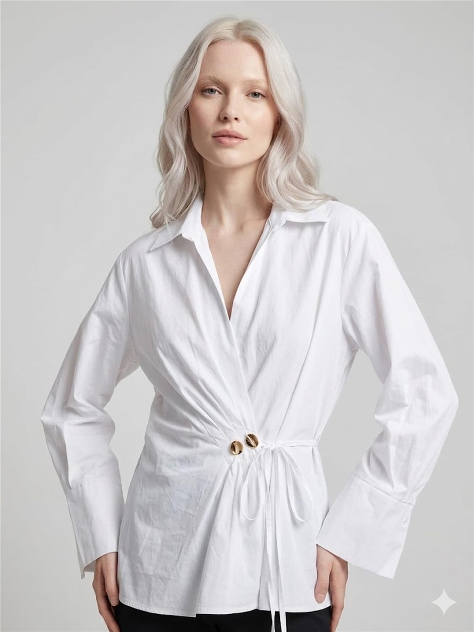4406 Gömelk Yaka Gold Düğmeli Pile Detaylı Viscon Kimono