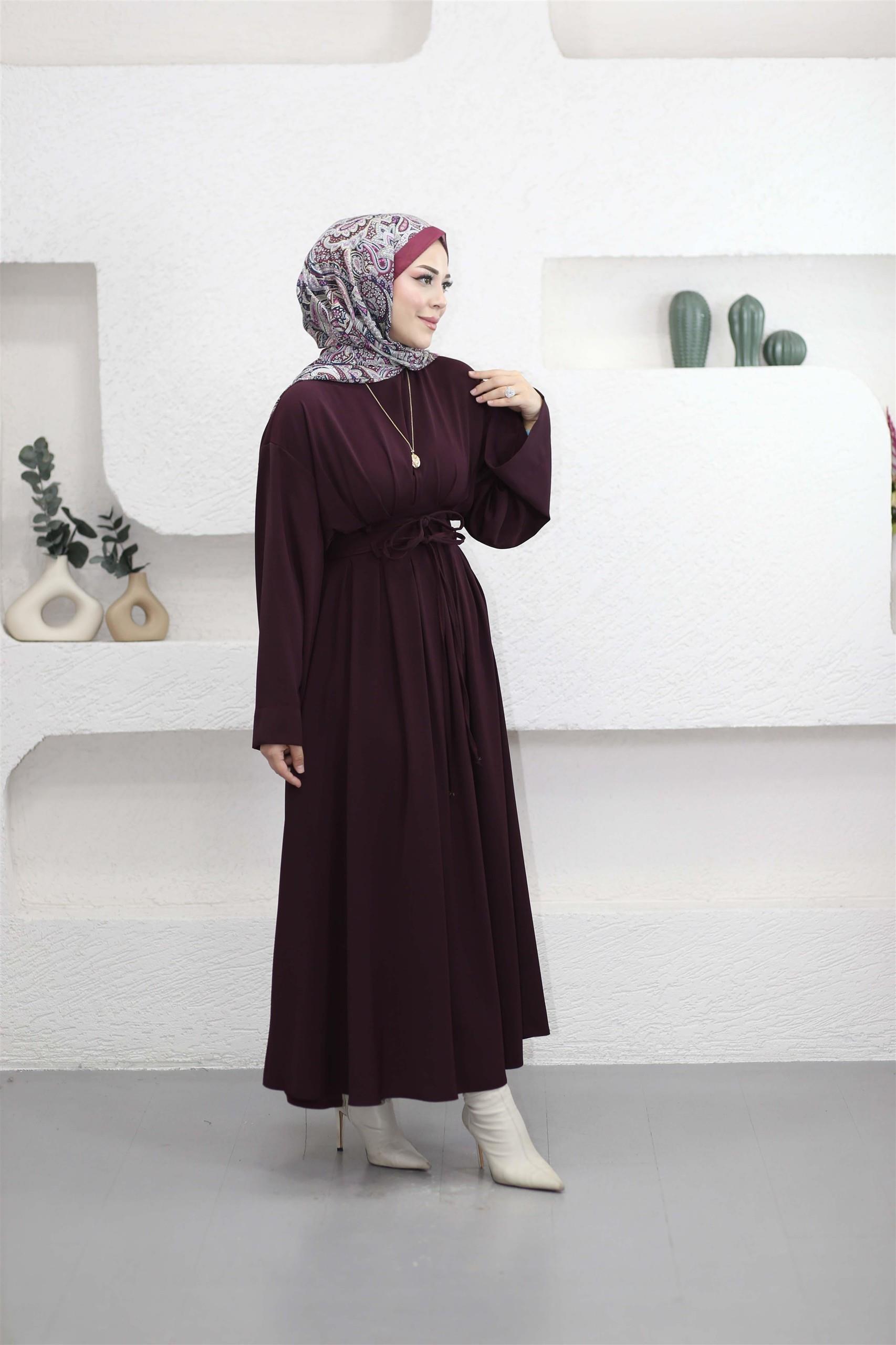 5003 Belden Pileli Bağıcıklı Elbise