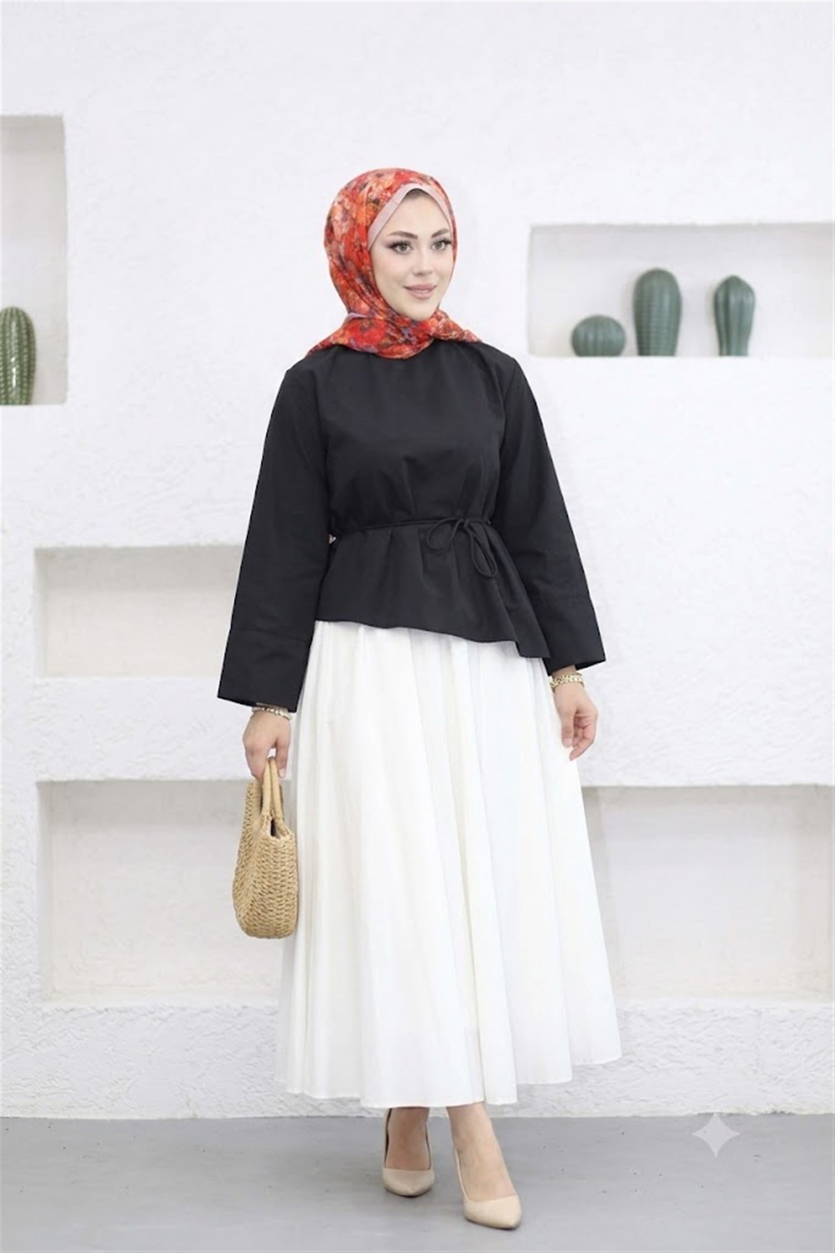 5266 Bağcıklı Geniş Manşetli Asimetrik Poplin Coton Bluz