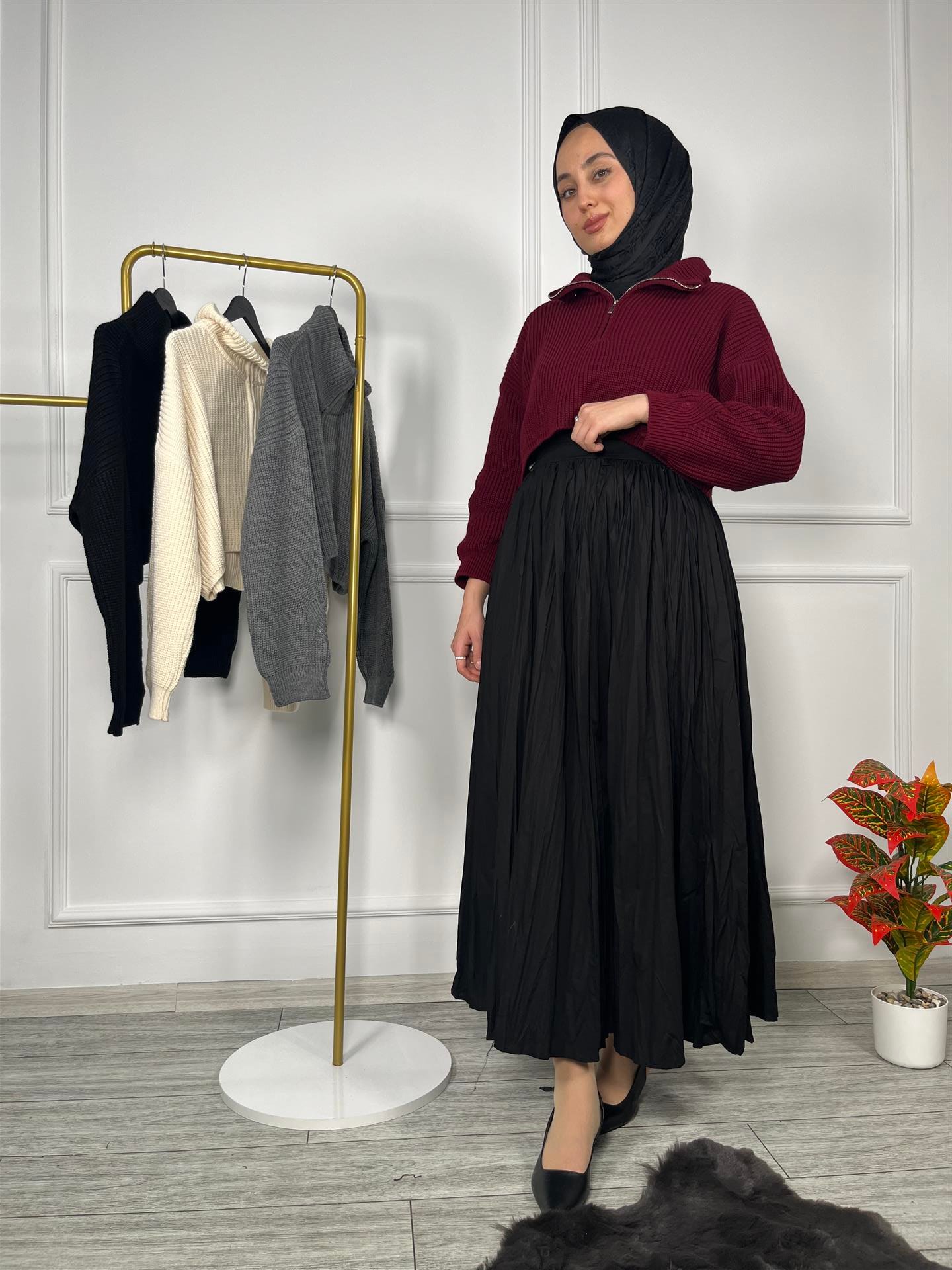 6752 Yarım Fermuarlı Boncuk Örme Triko Kazak