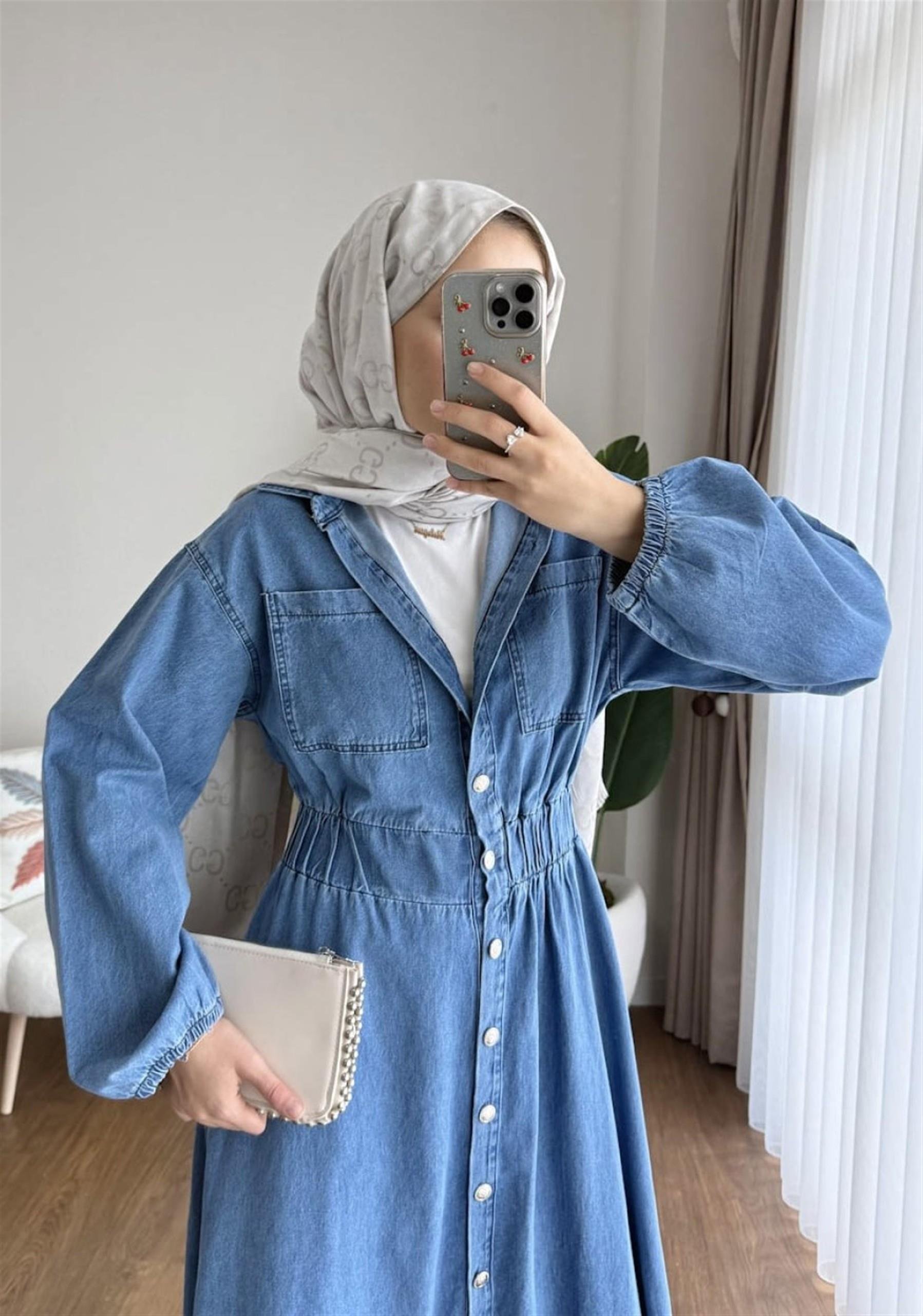 Y-03 Beli Kalın Lastikli Gömlek Yaka Kot Elbise