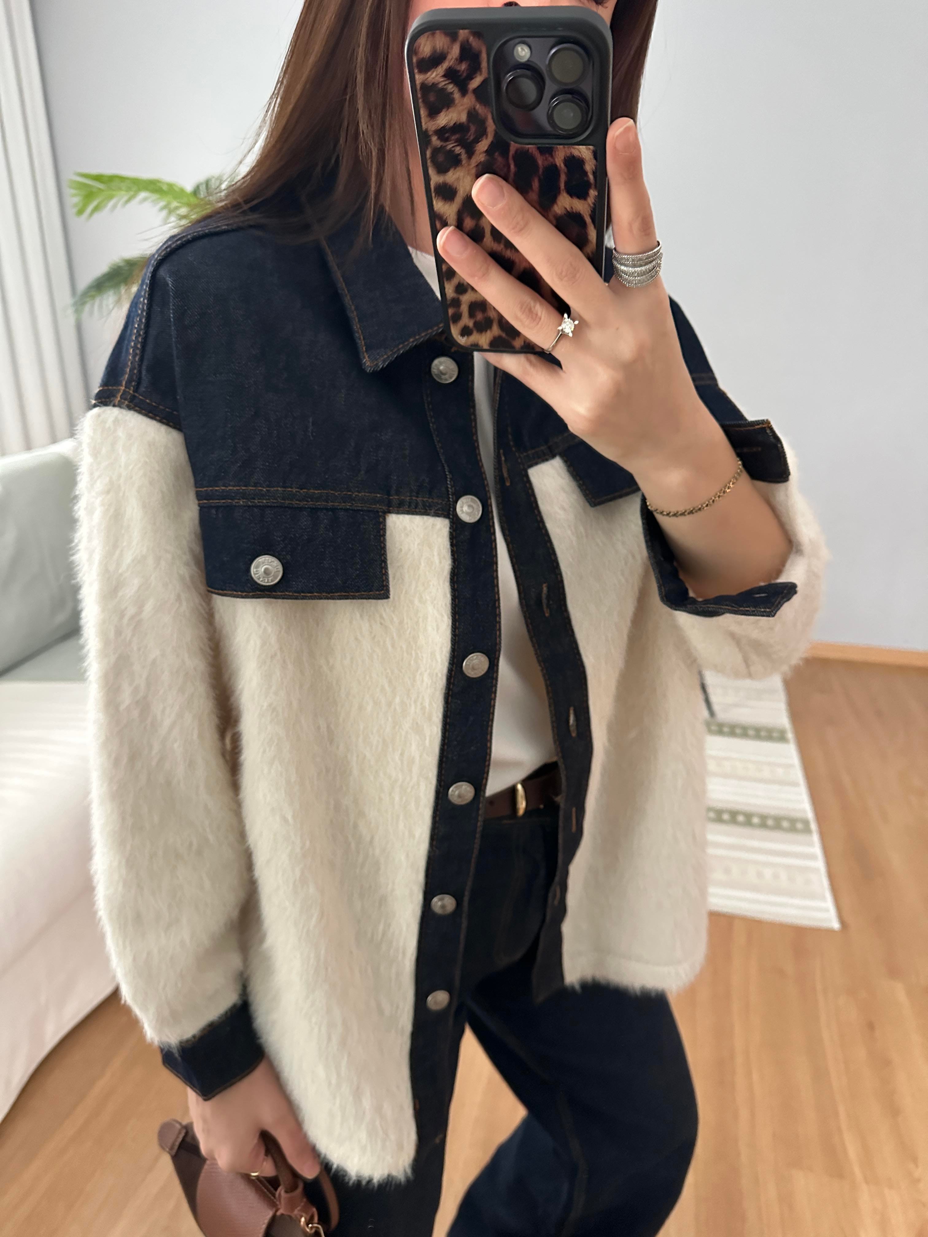  Denim Detaylı Ekru Renk Yün Ceket 