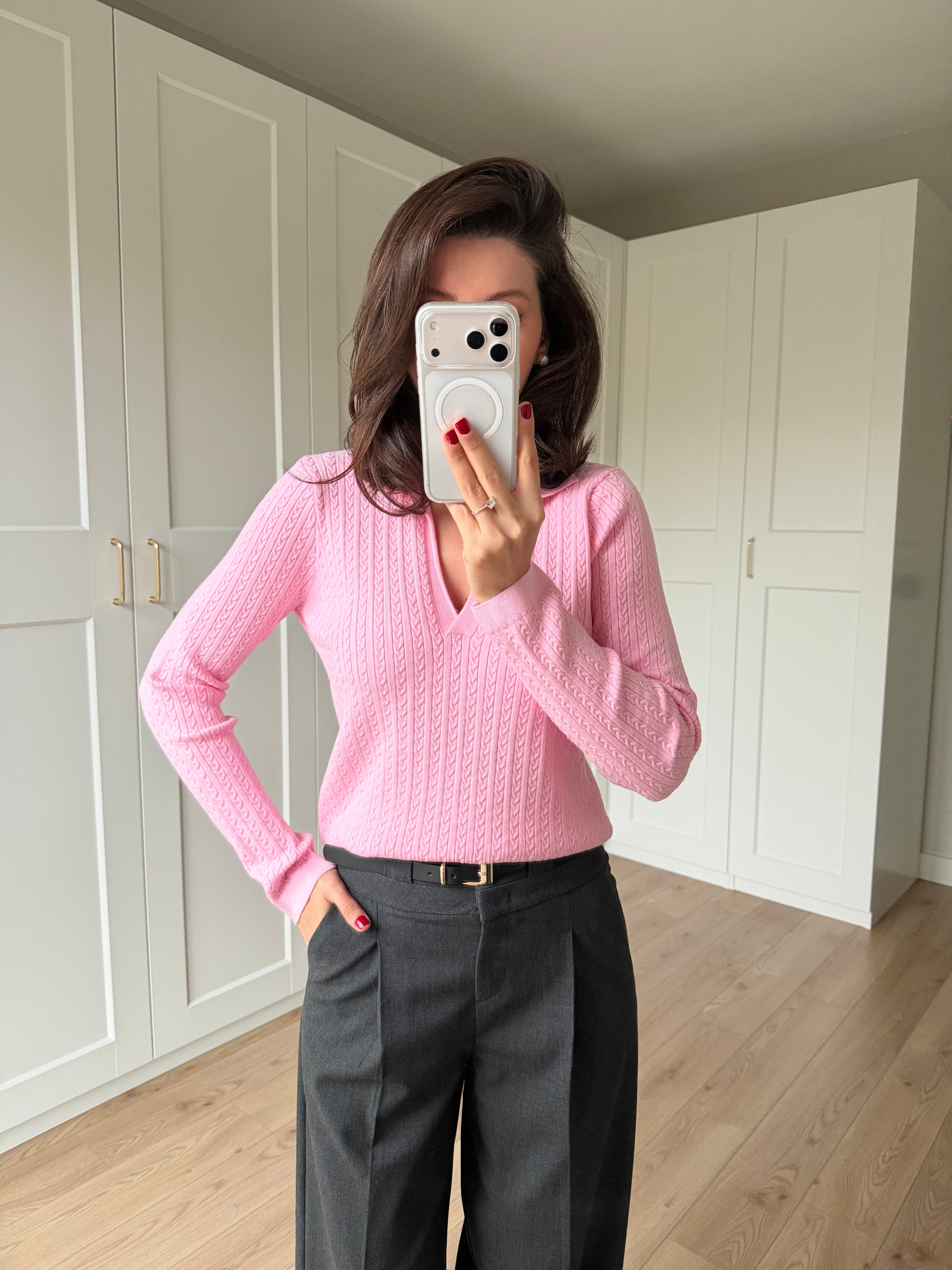  Örgü Model Pembe Renk Polo Yaka Triko