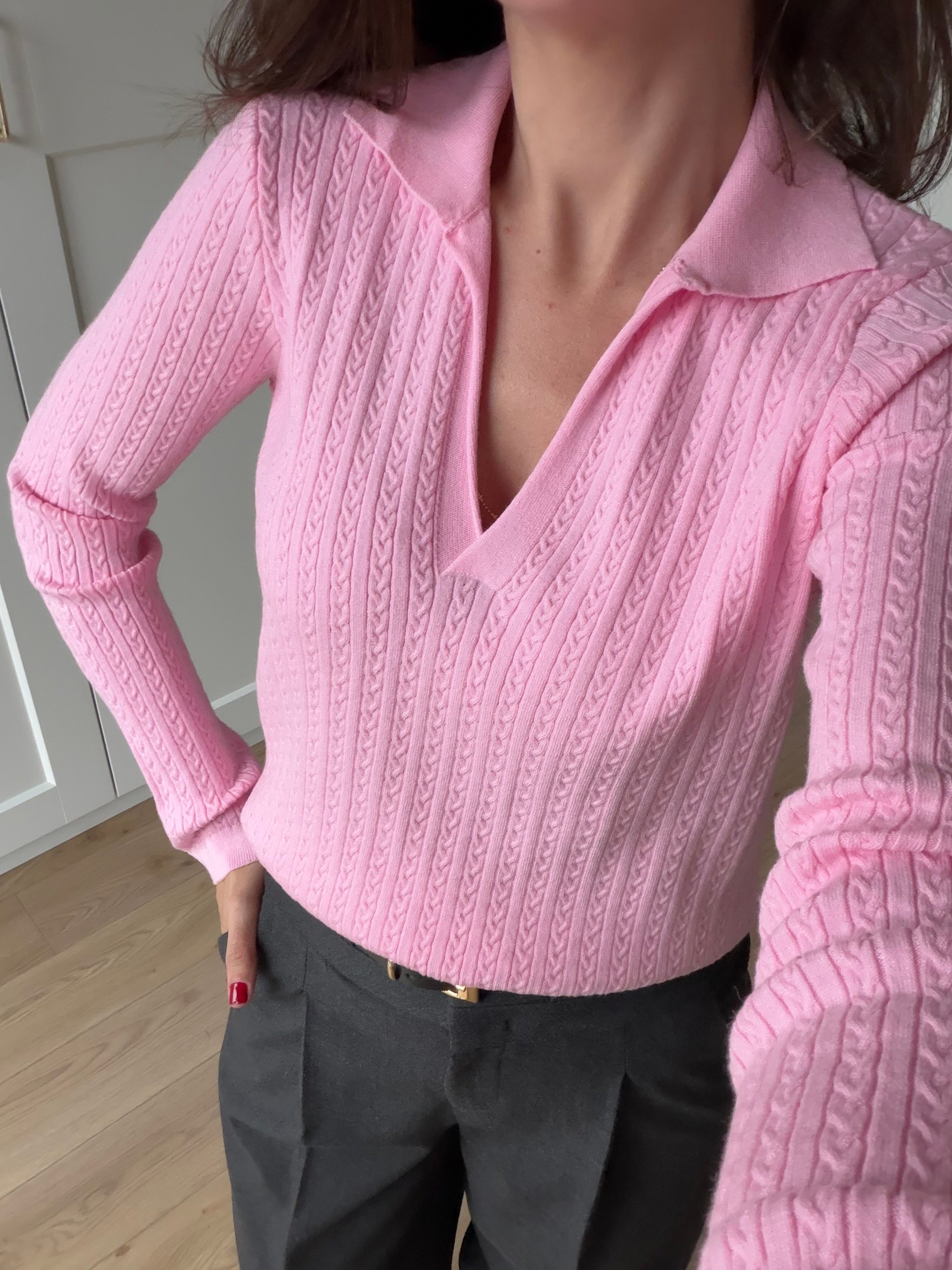  Örgü Model Pembe Renk Polo Yaka Triko