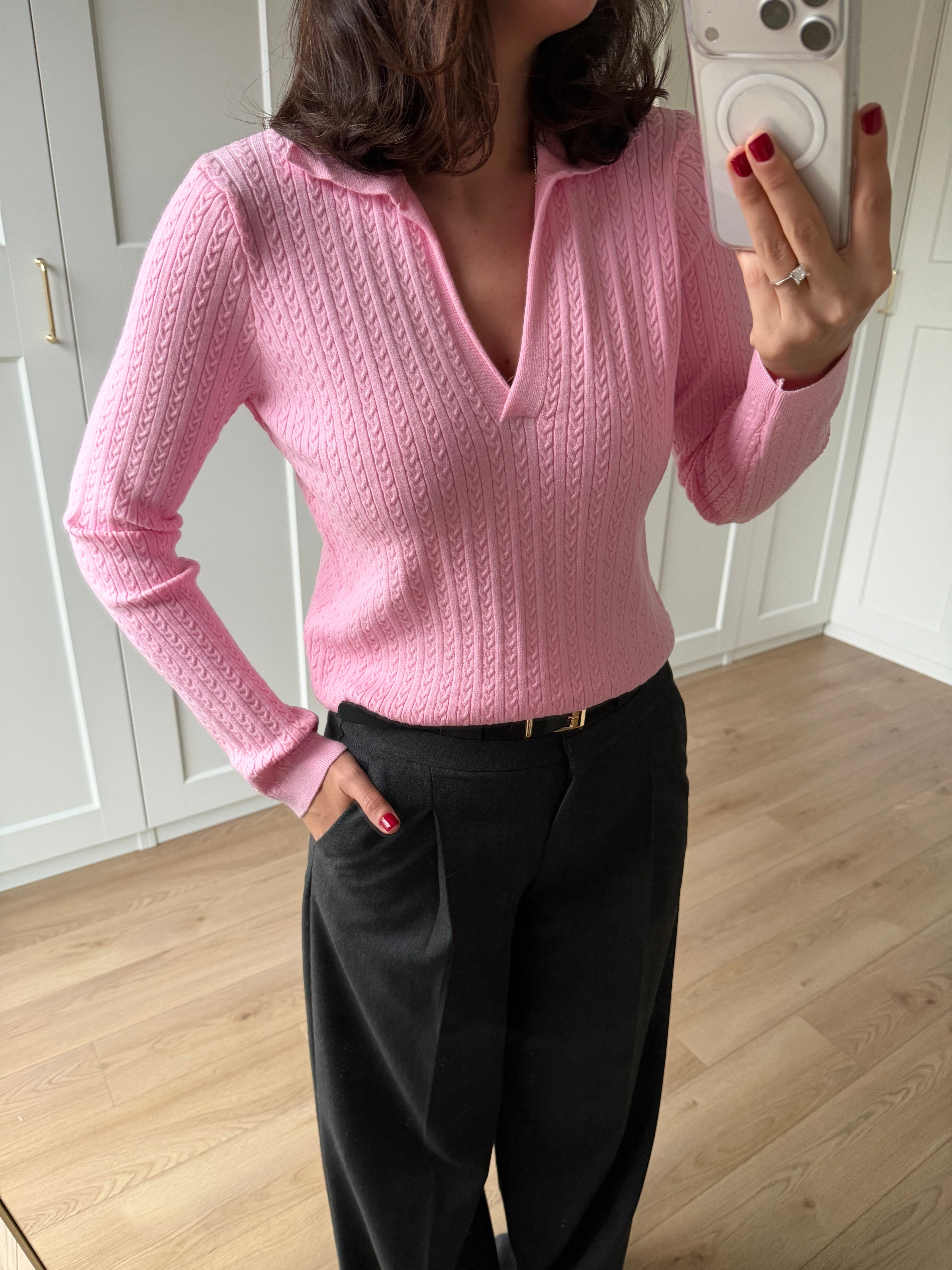  Örgü Model Pembe Renk Polo Yaka Triko