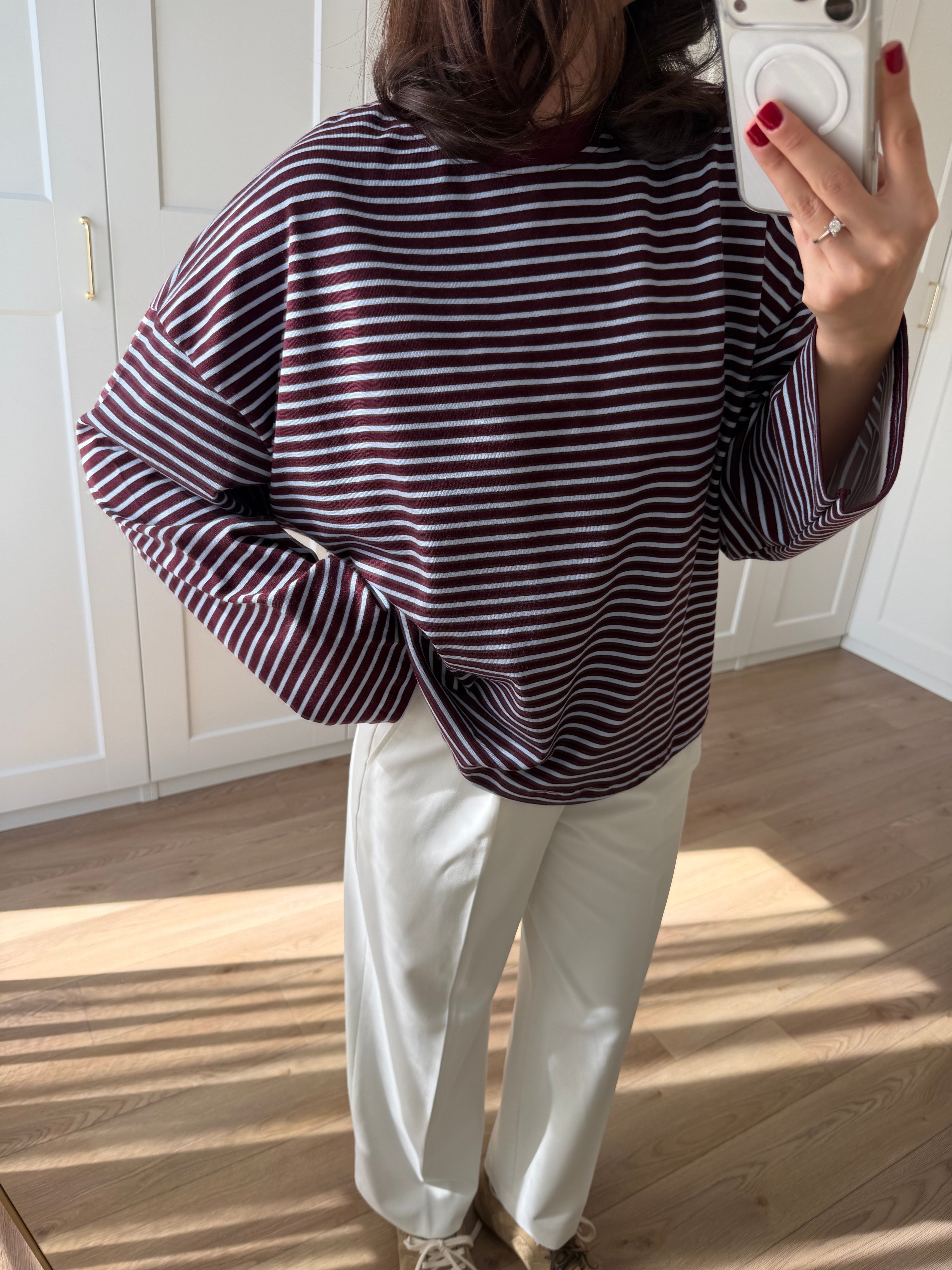 Arkası Yazı Baskılı Bordo Mavi Çizgili Sweatshirt 