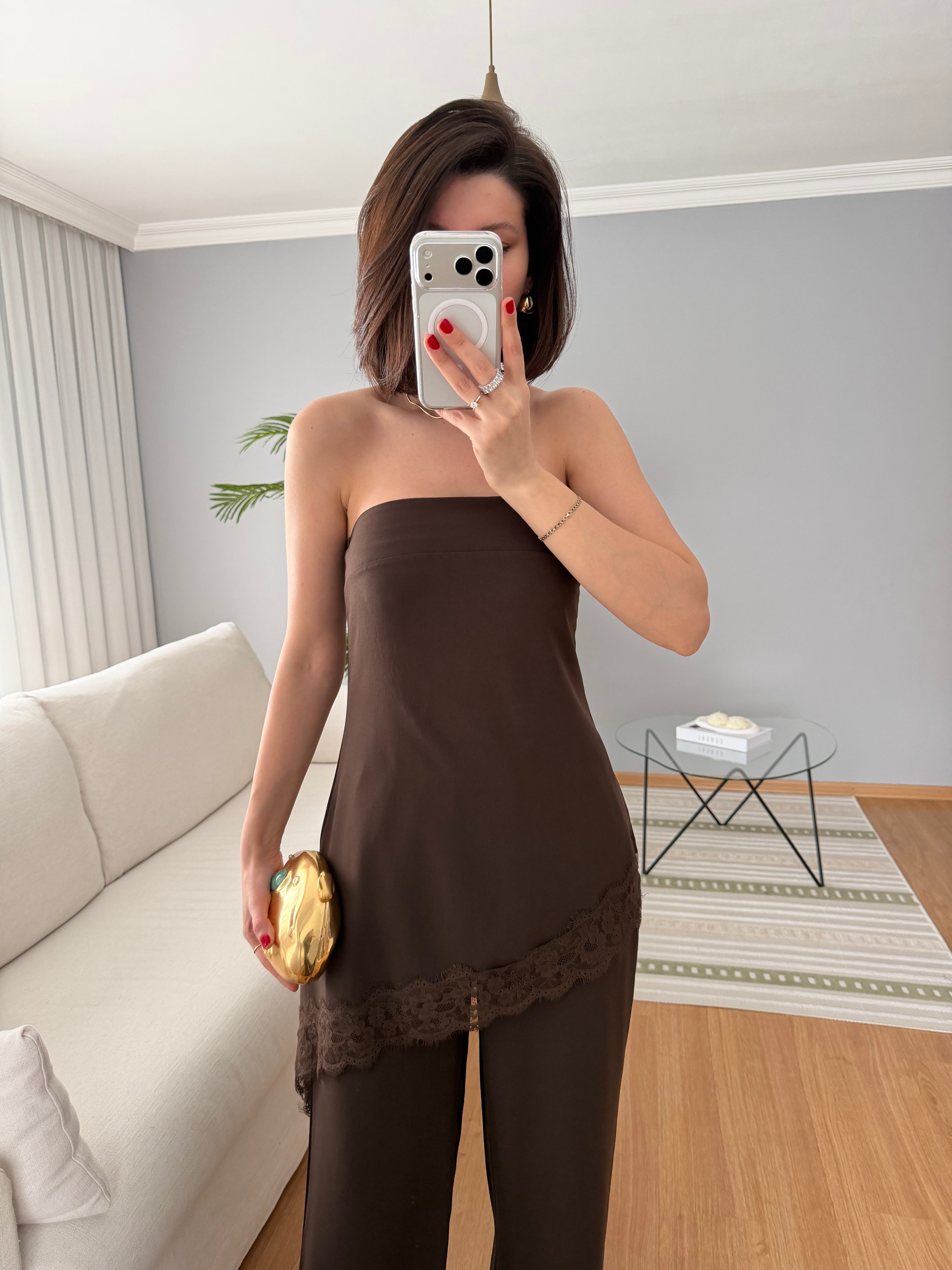 Asimetrik Dantelli Straplez Takım
