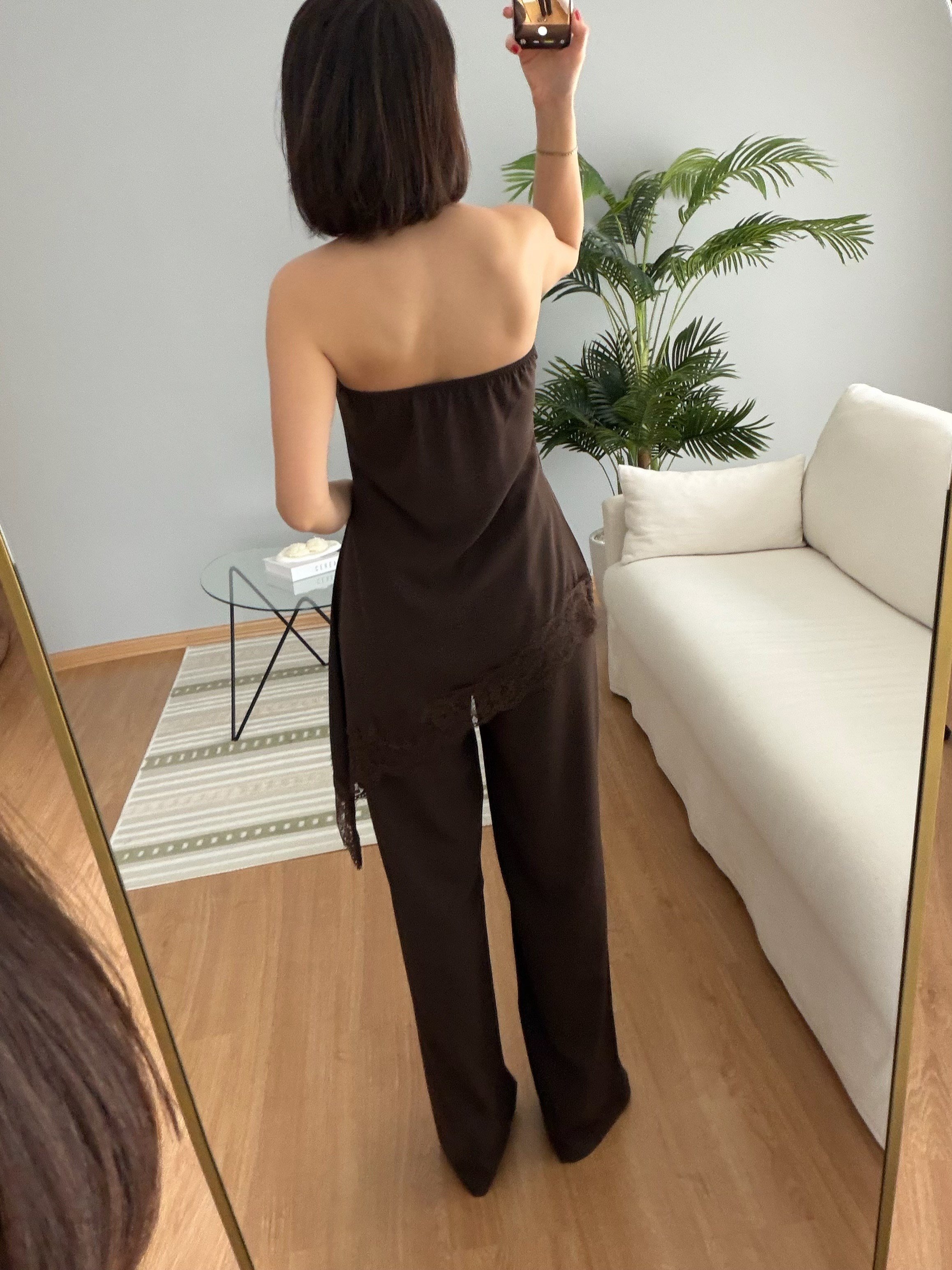 Asimetrik Dantelli Straplez Takım