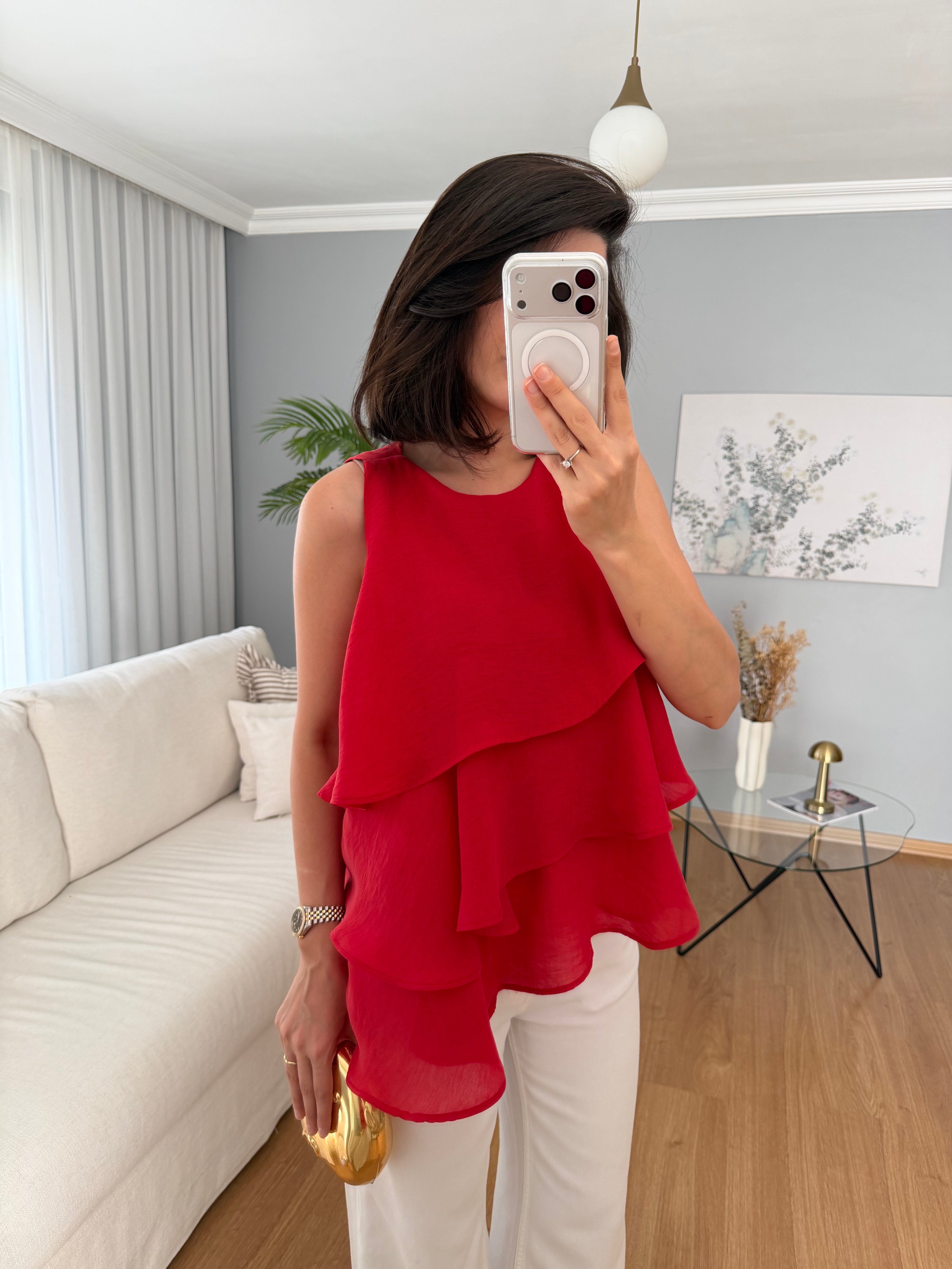 Asimetrik Katlı Kırmızı Bluz