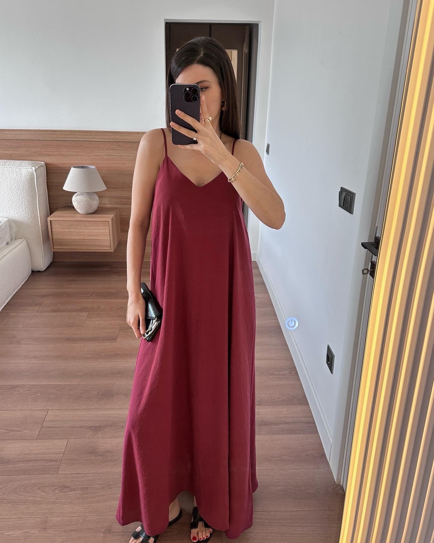 Askılı Bordo Elbise 