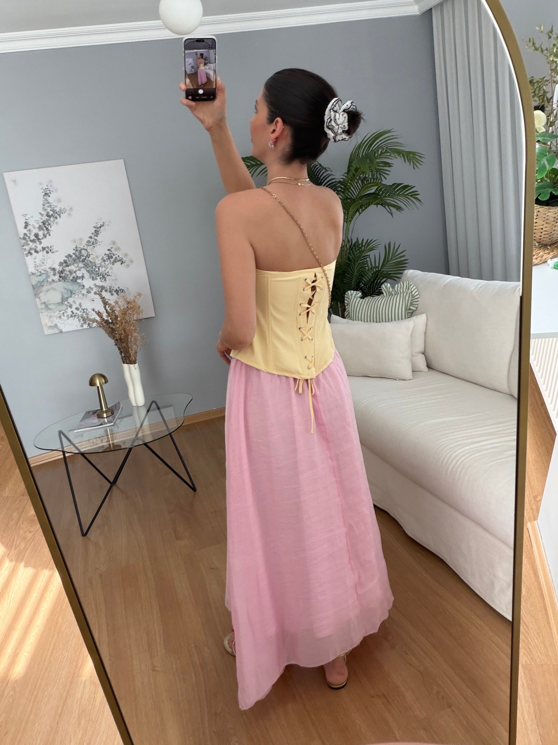Azahar Beli Lastikli Pembe Renk Etek