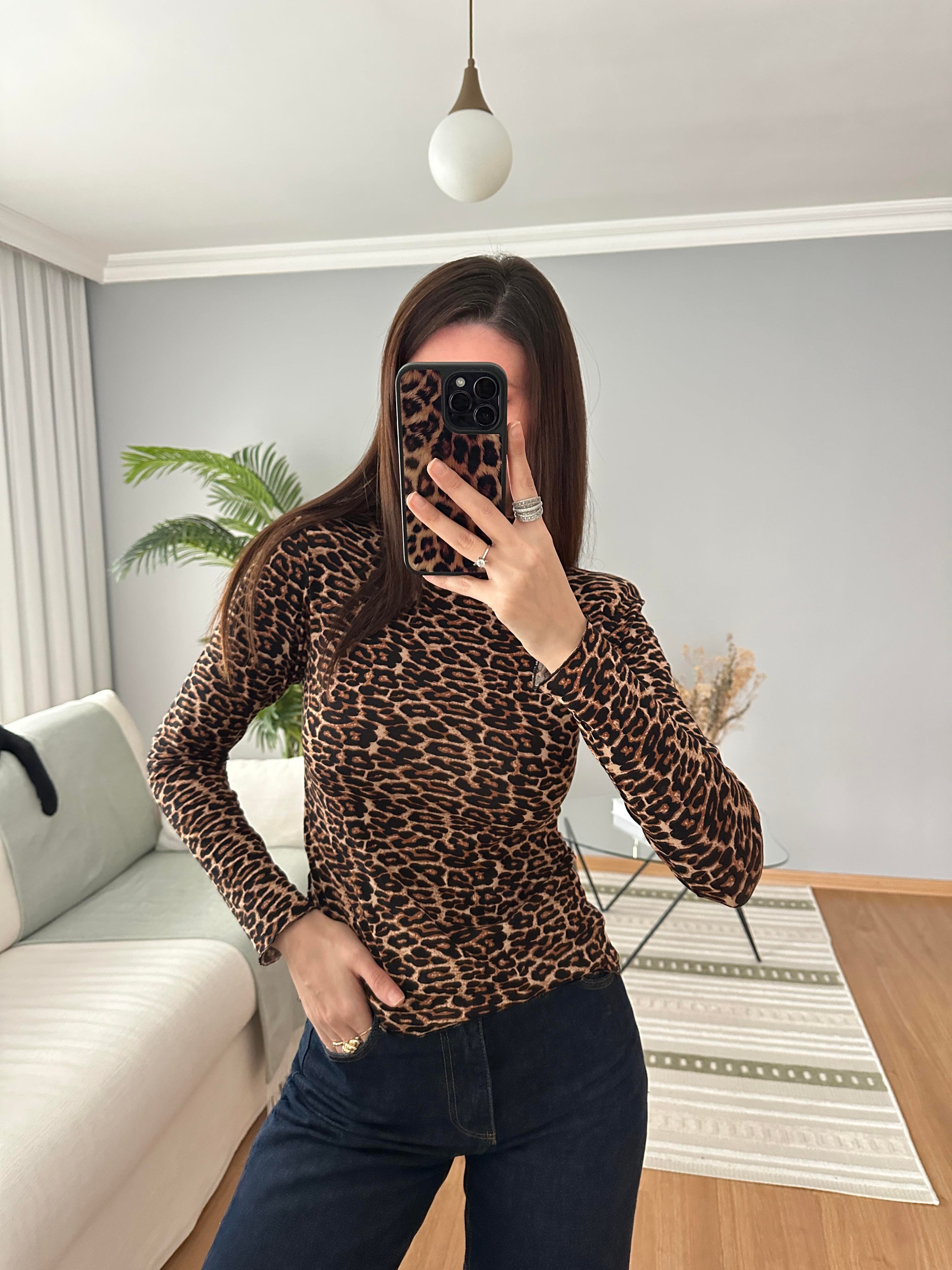 Balıkçı Yaka Leopar İnce Bluz