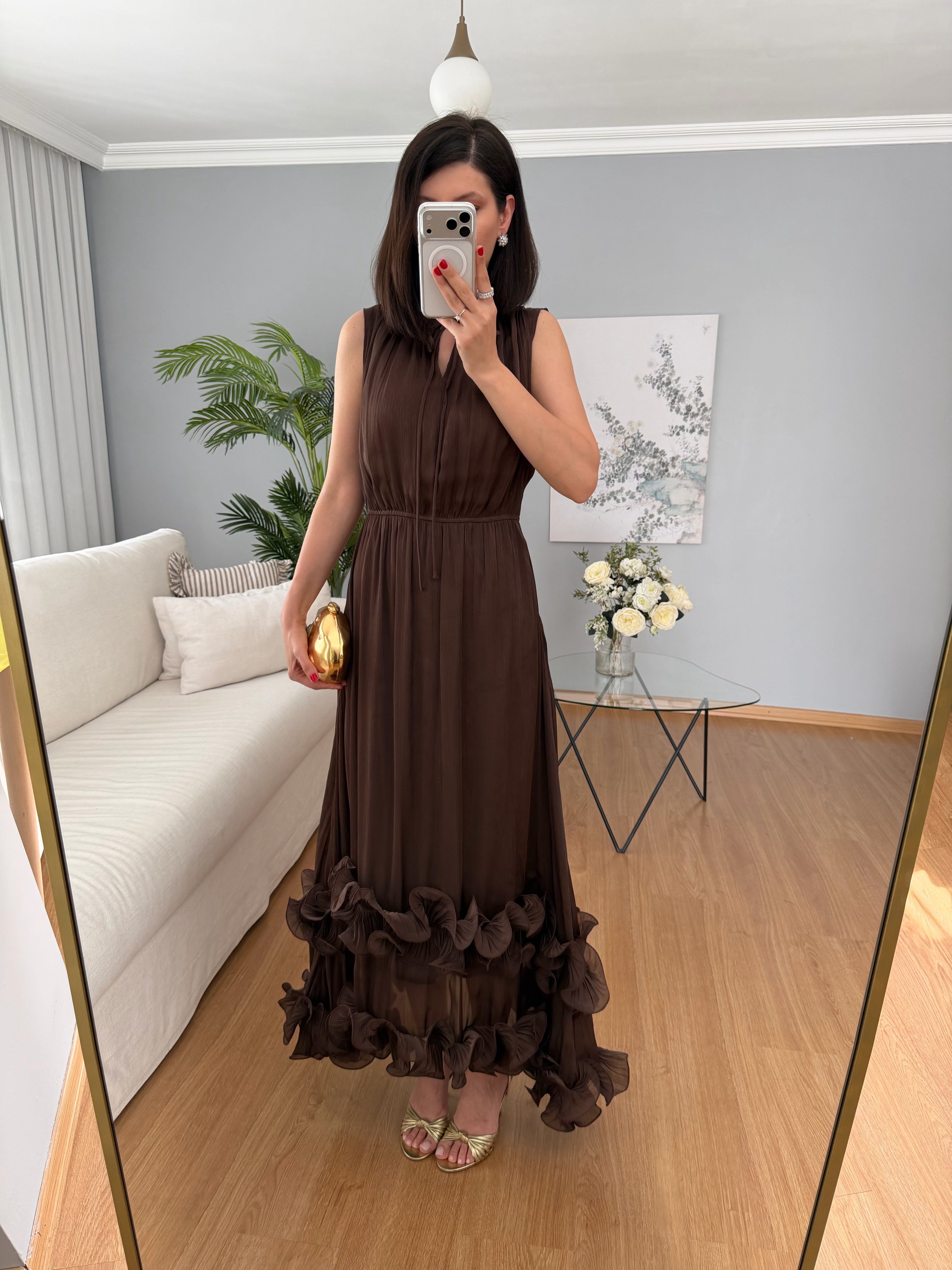 Brisa Kahve Rengi Uçları Volanlı Elbise 