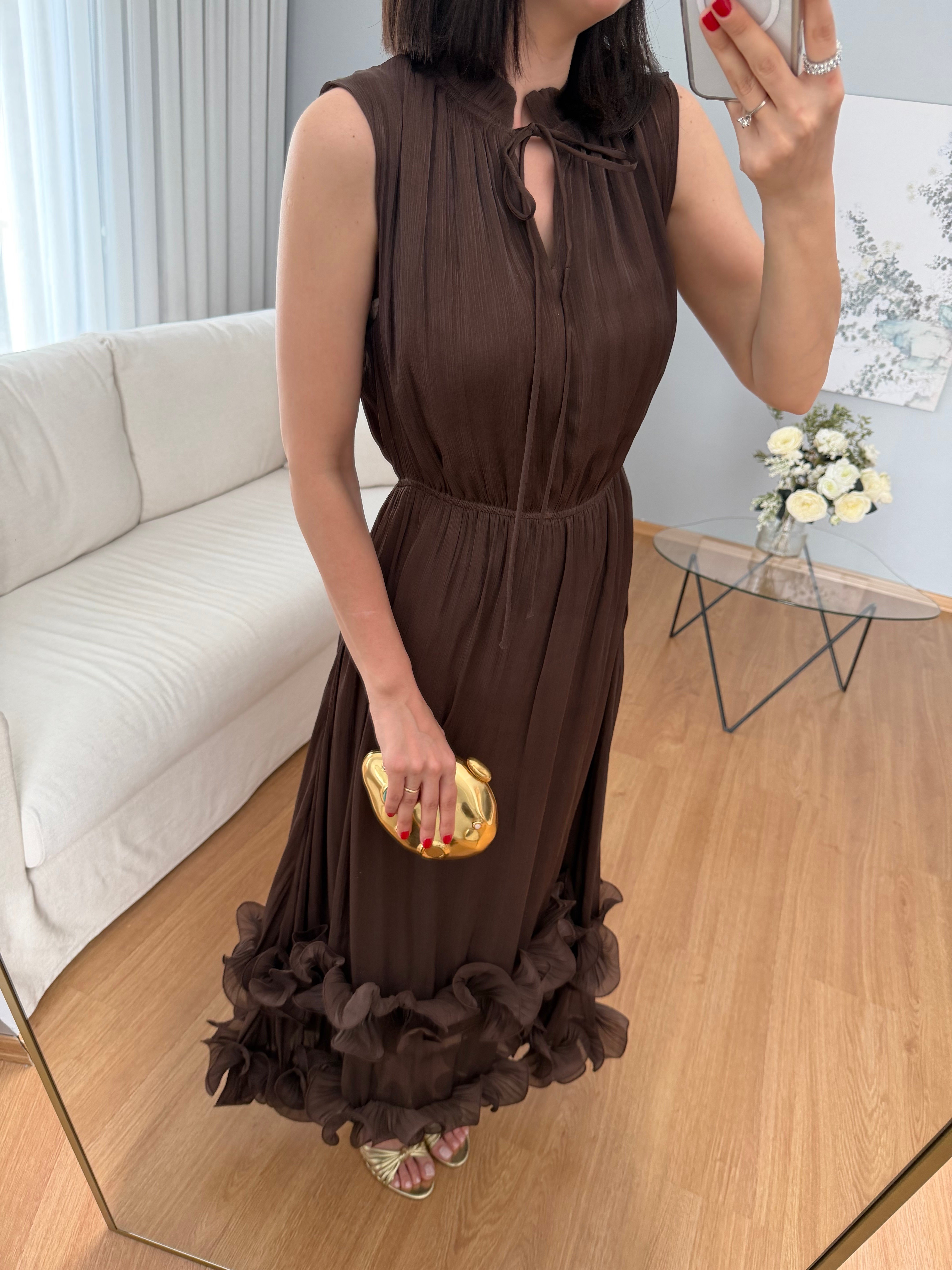 Brisa Kahve Rengi Uçları Volanlı Elbise 