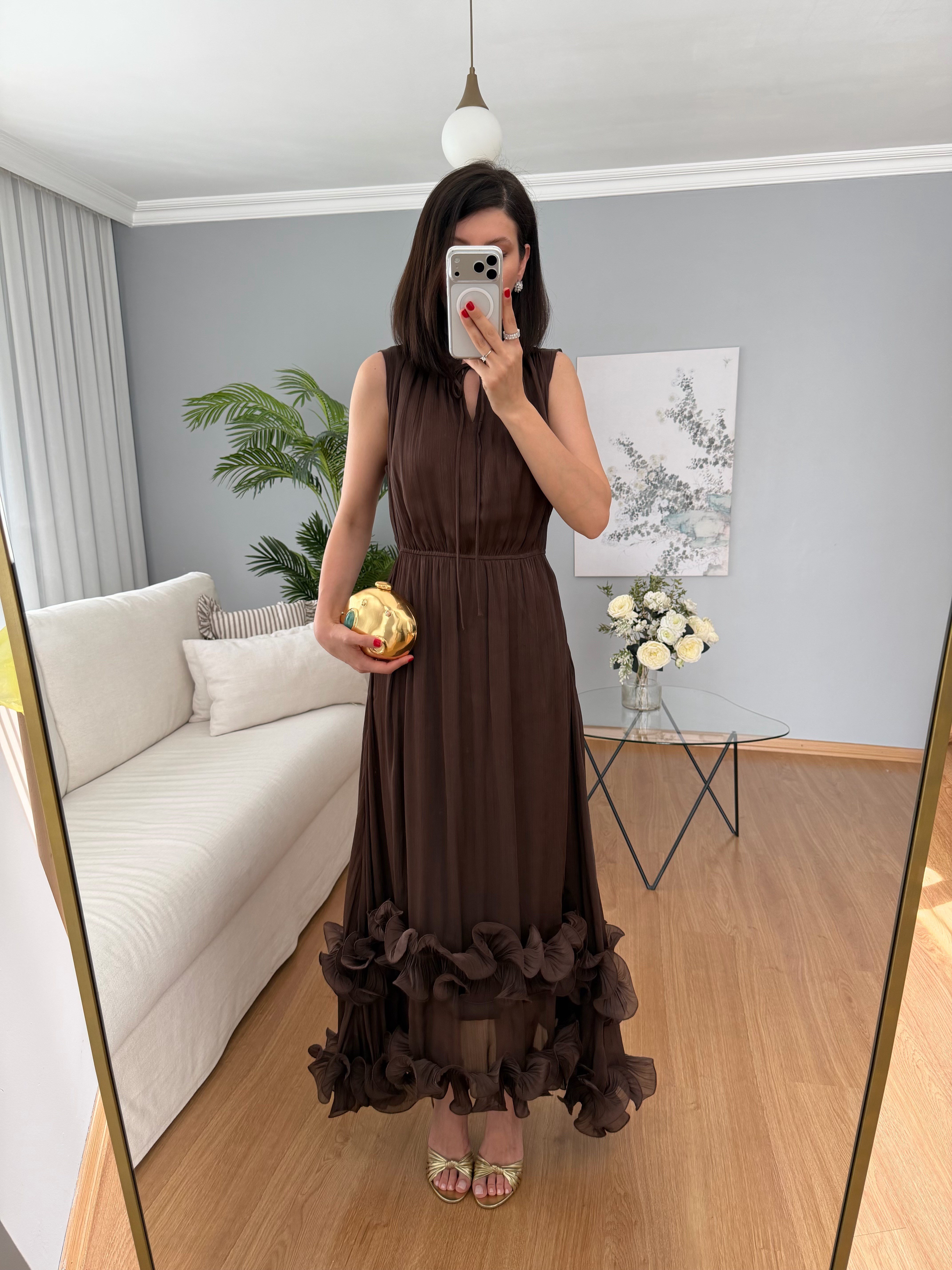 Brisa Kahve Rengi Uçları Volanlı Elbise 