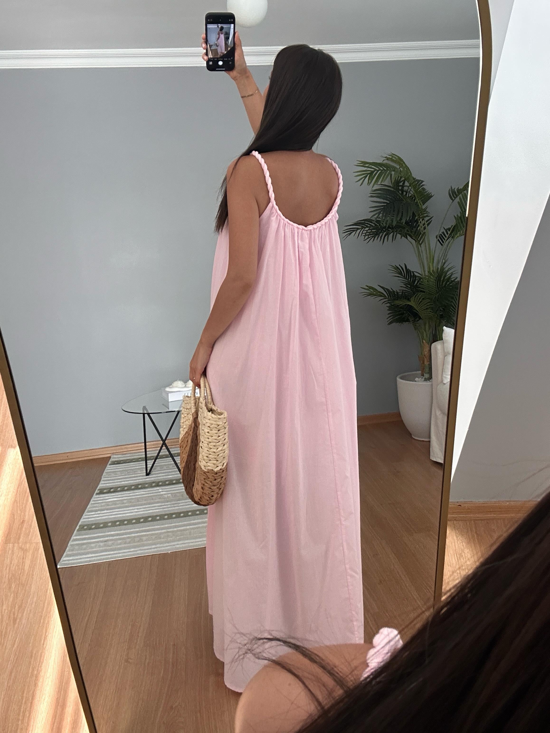 Burgu Askılı Pembe Elbise