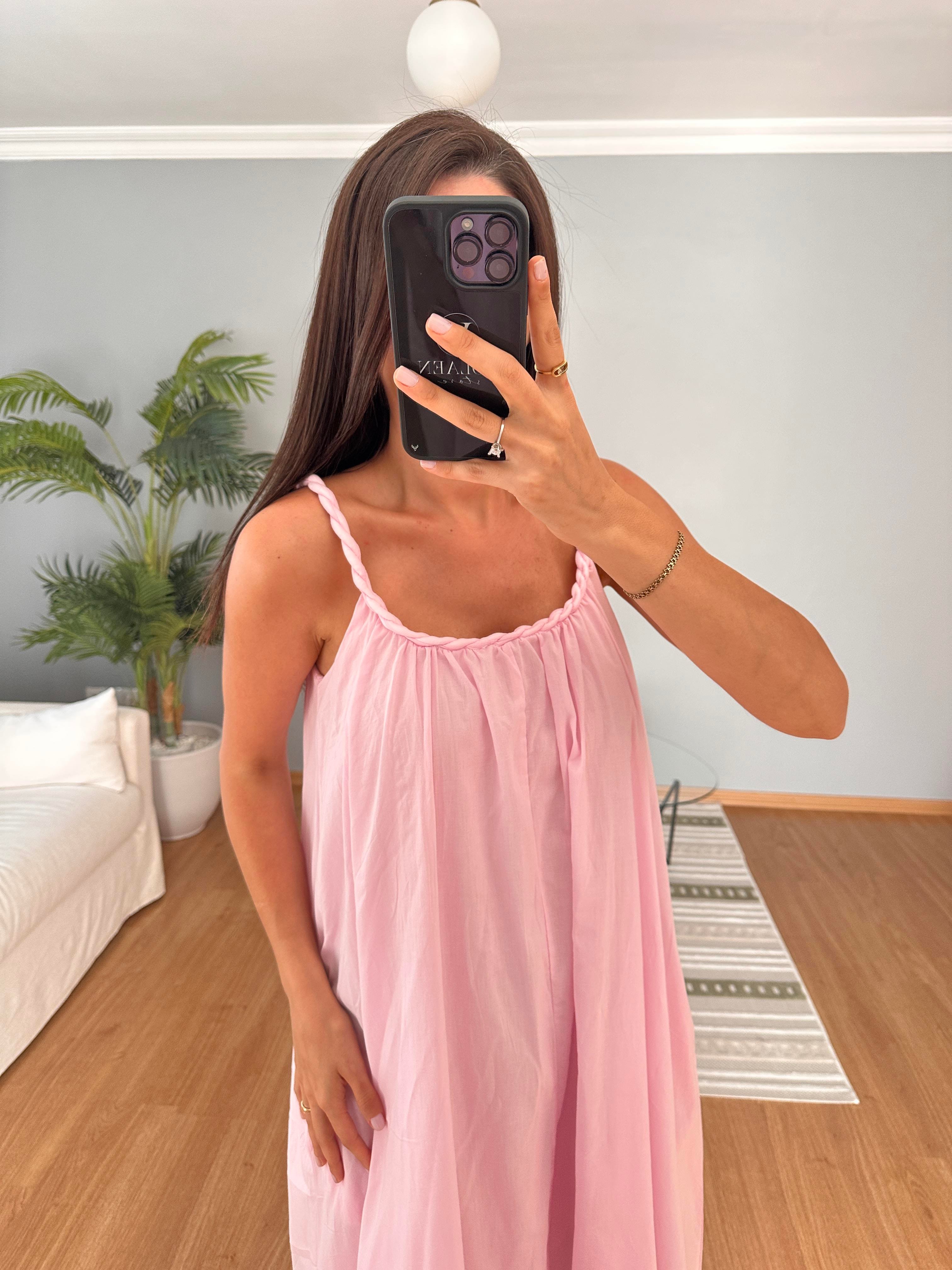 Burgu Askılı Pembe Elbise