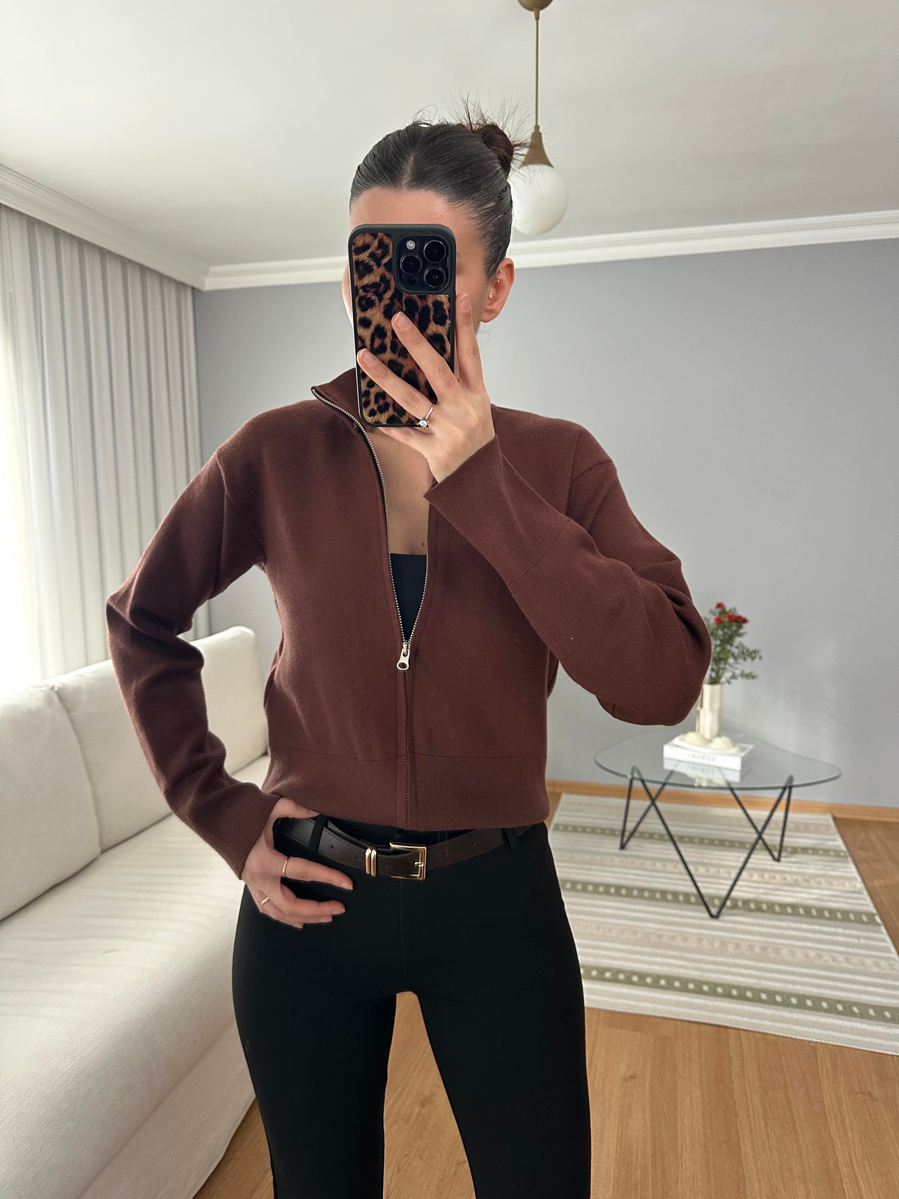 Çelik Örme Fermuarlı Kahve Hırka
