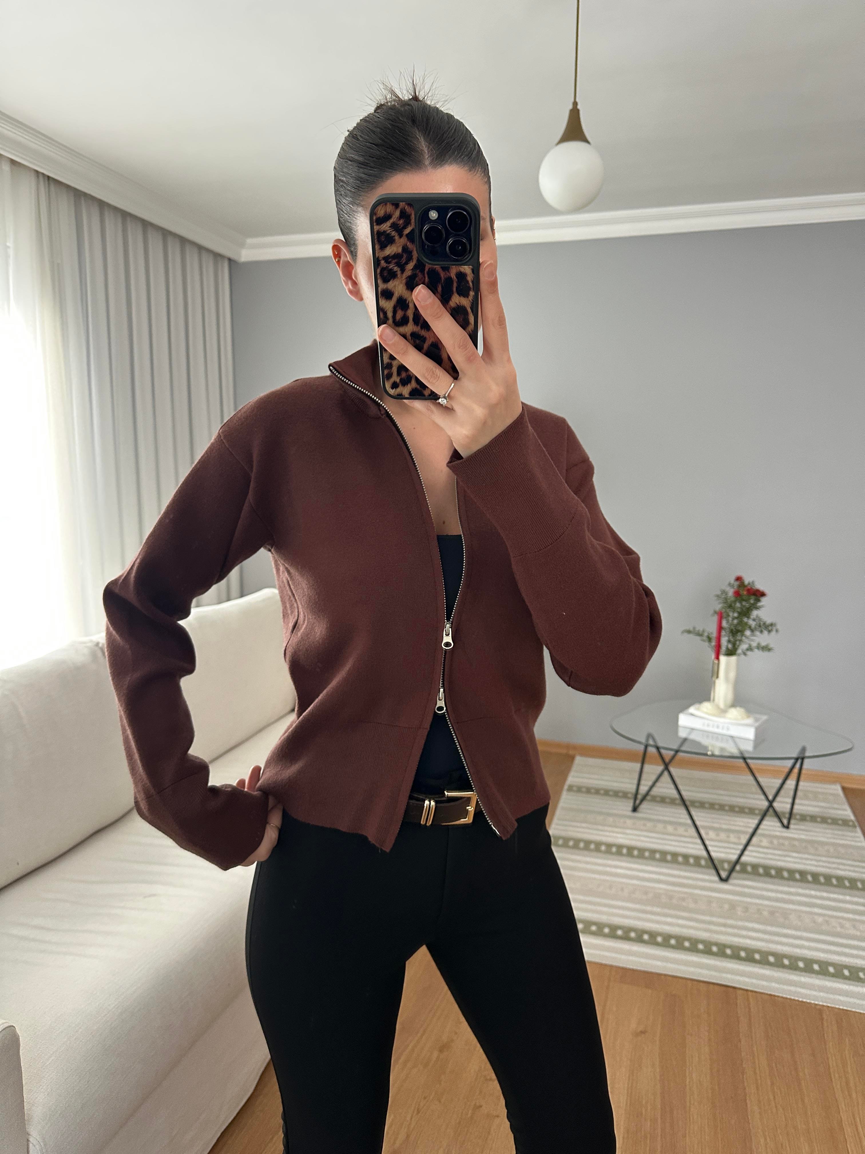 Çelik Örme Fermuarlı Kahve Hırka