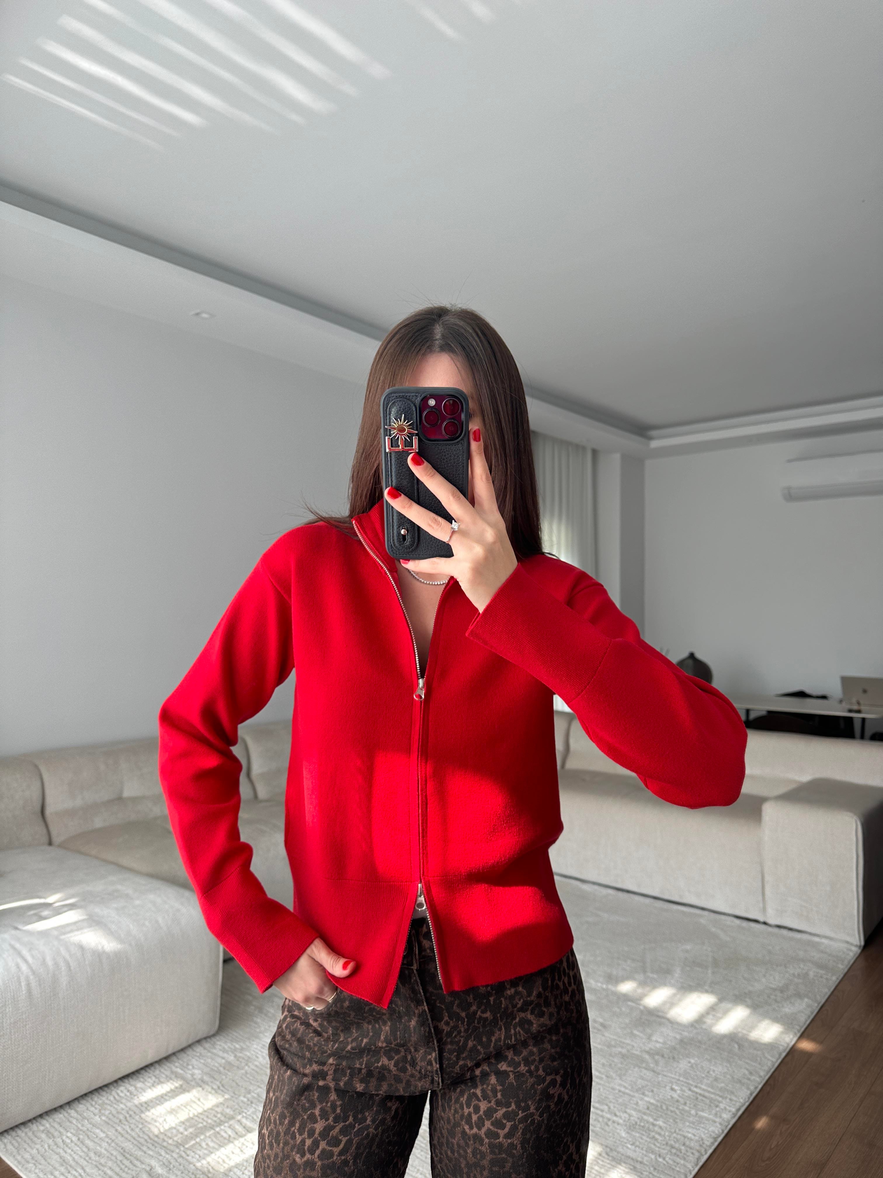 Çelik Örme Fermuarlı Kırmızı Hırka