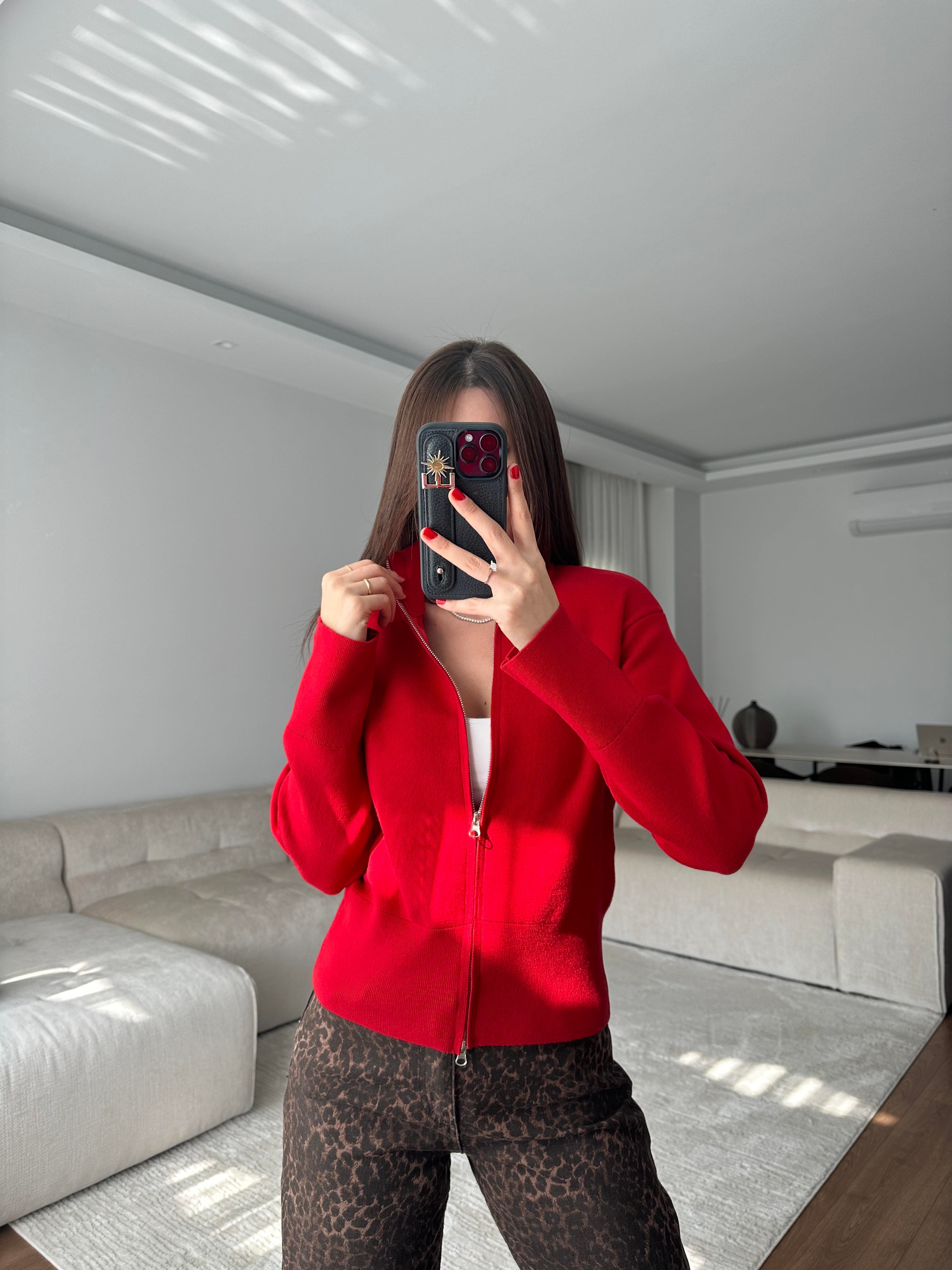 Çelik Örme Fermuarlı Kırmızı Hırka