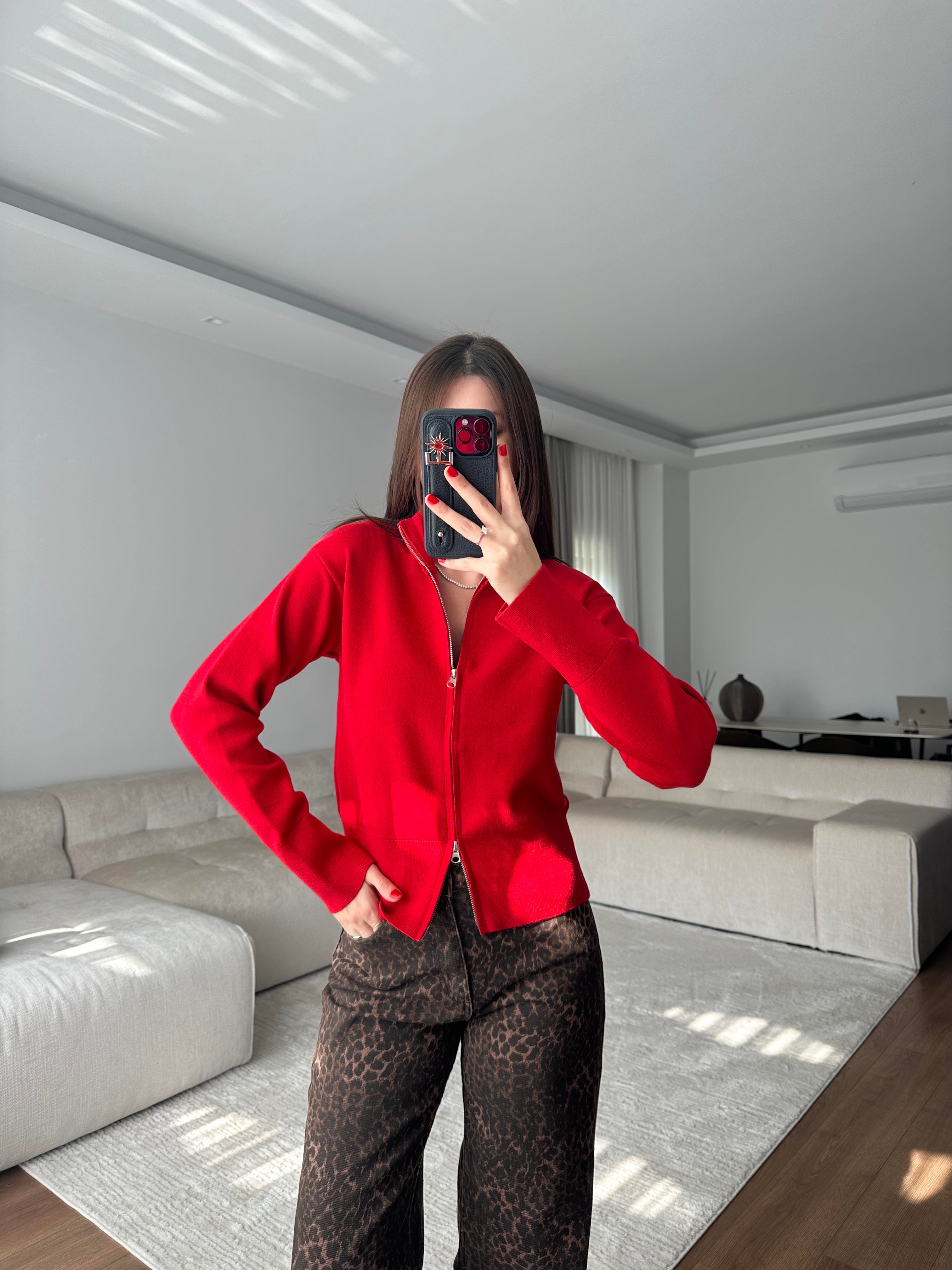 Çelik Örme Fermuarlı Kırmızı Hırka