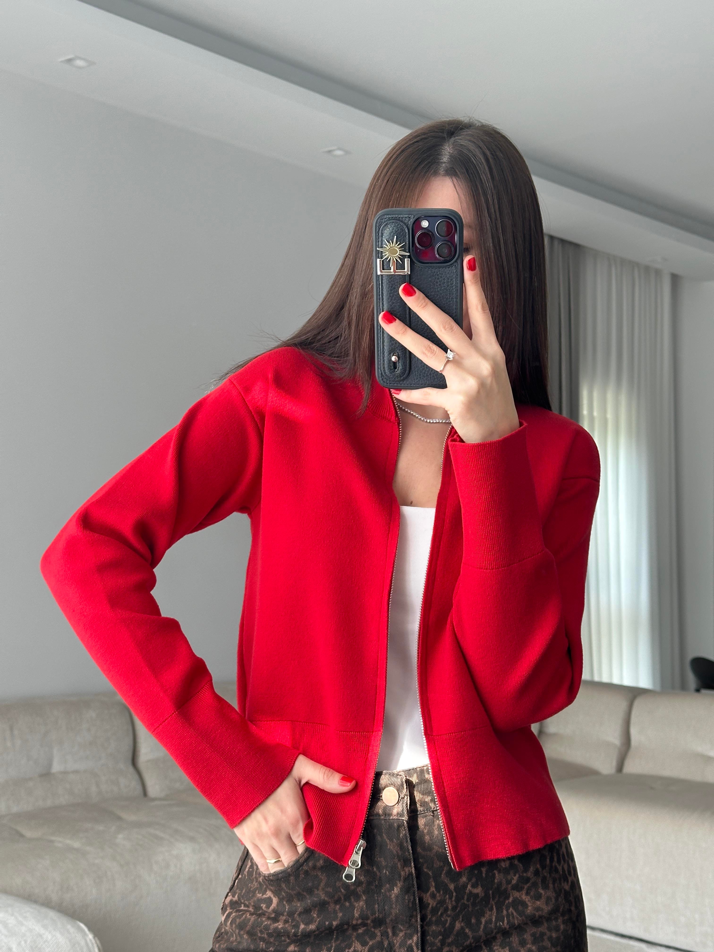 Çelik Örme Fermuarlı Kırmızı Hırka