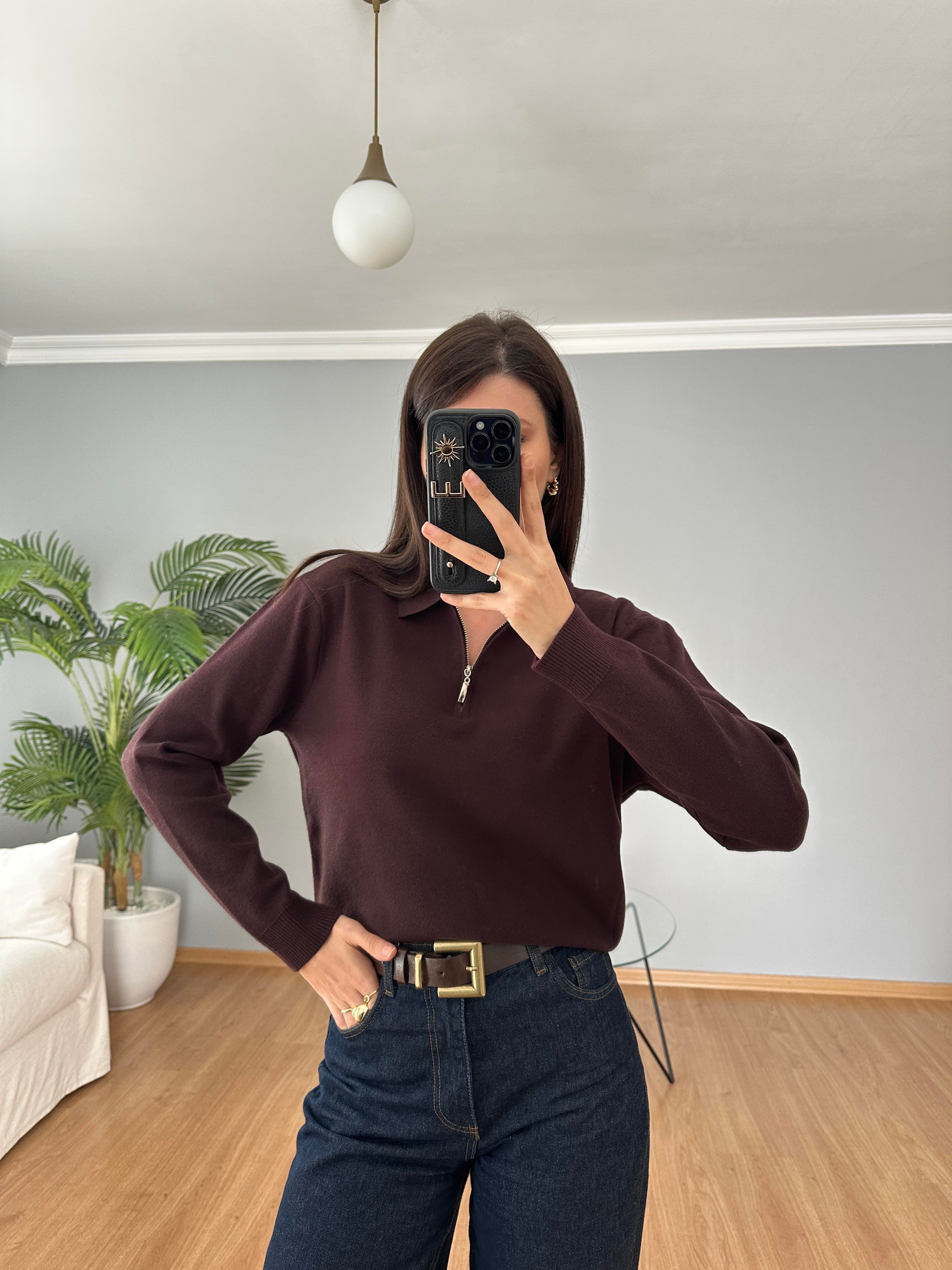 Çelik Örme Kahve Fermuarlı Triko